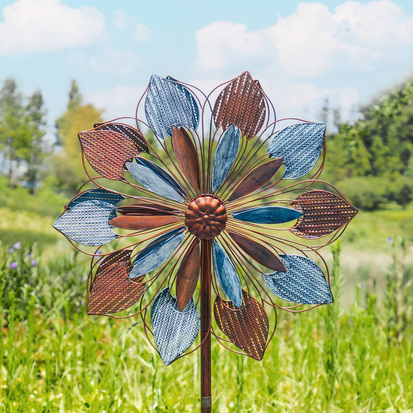Angle. A Anleolife - 84 in. H Large Metal Kinetic Wind Spinner Classic Yard Art with 2 Piece Welcome Flag Decoration for Garden - Multi-Colored.