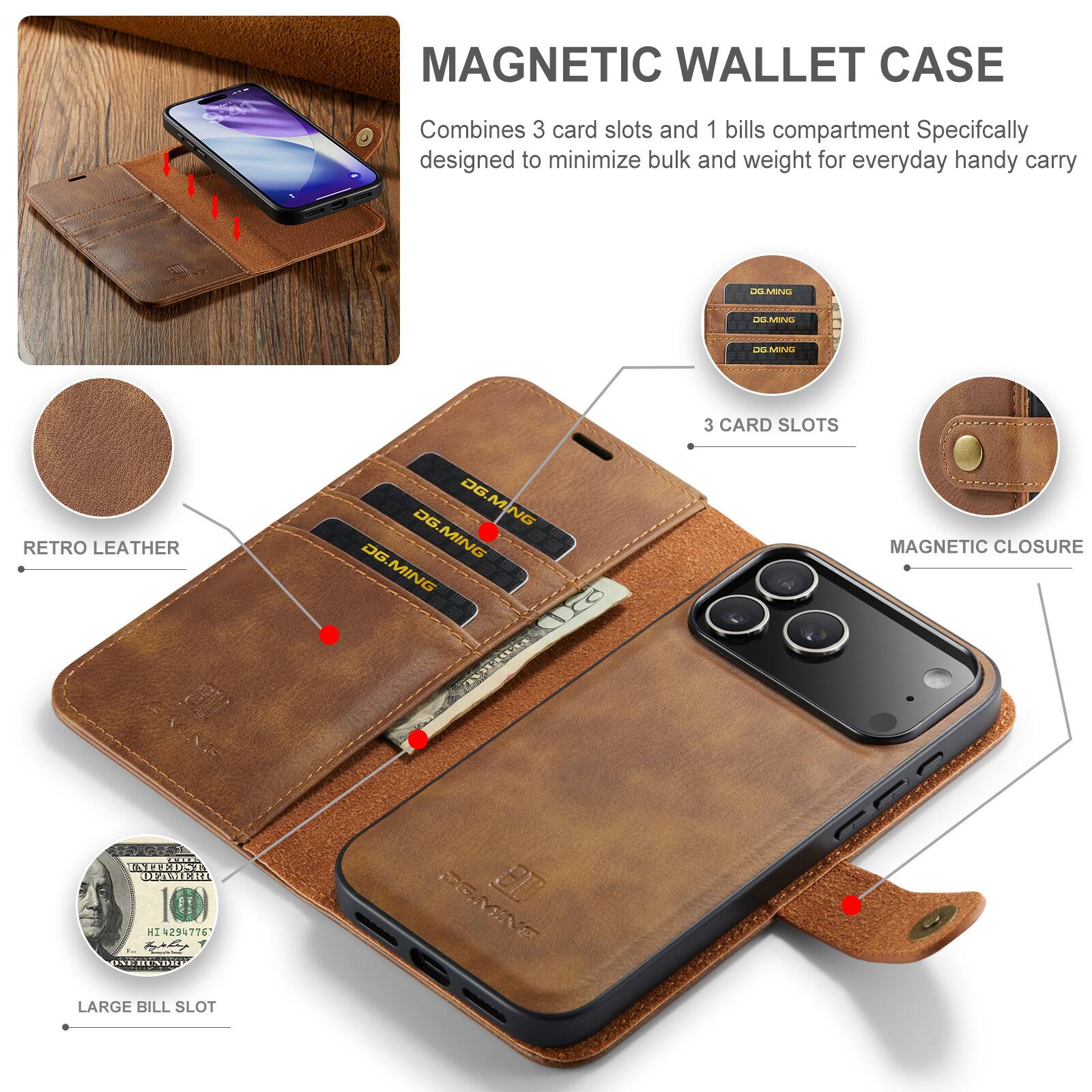 MAGNETIC WALLET CASE

Combines 3 card slots and 1 bills compartment. Specifically designed to minimize bulk and weight for everyday handy carry.

- RETRO LEATHER
- 3 CARD SLOTS
- MAGNETIC CLOSURE
- LARGE BILL SLOT