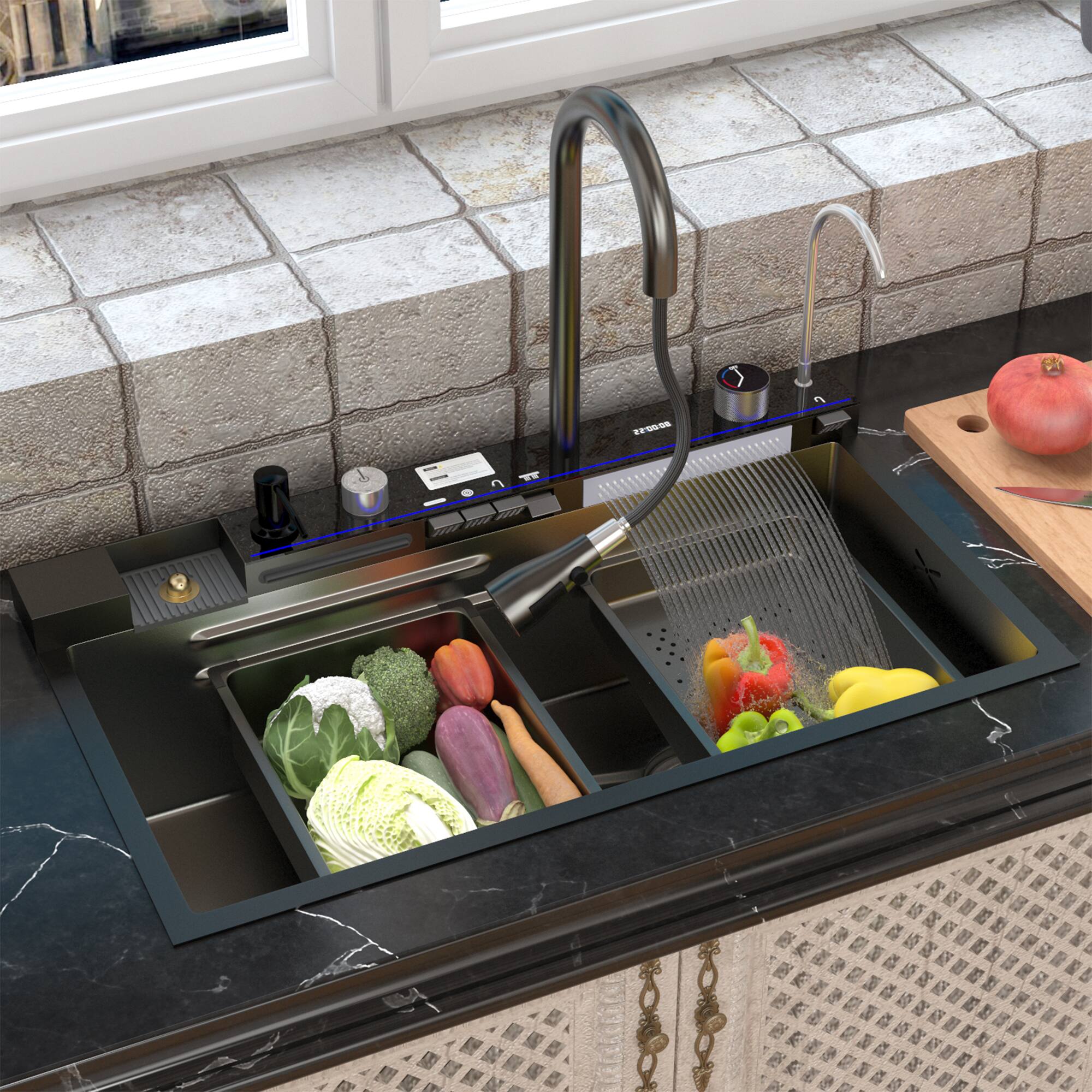 Angle. Famapy - Workstation Kitchen Sink with Digital Display, Drop-in Single Bowl Sink with Faucet & Accessories - Black.