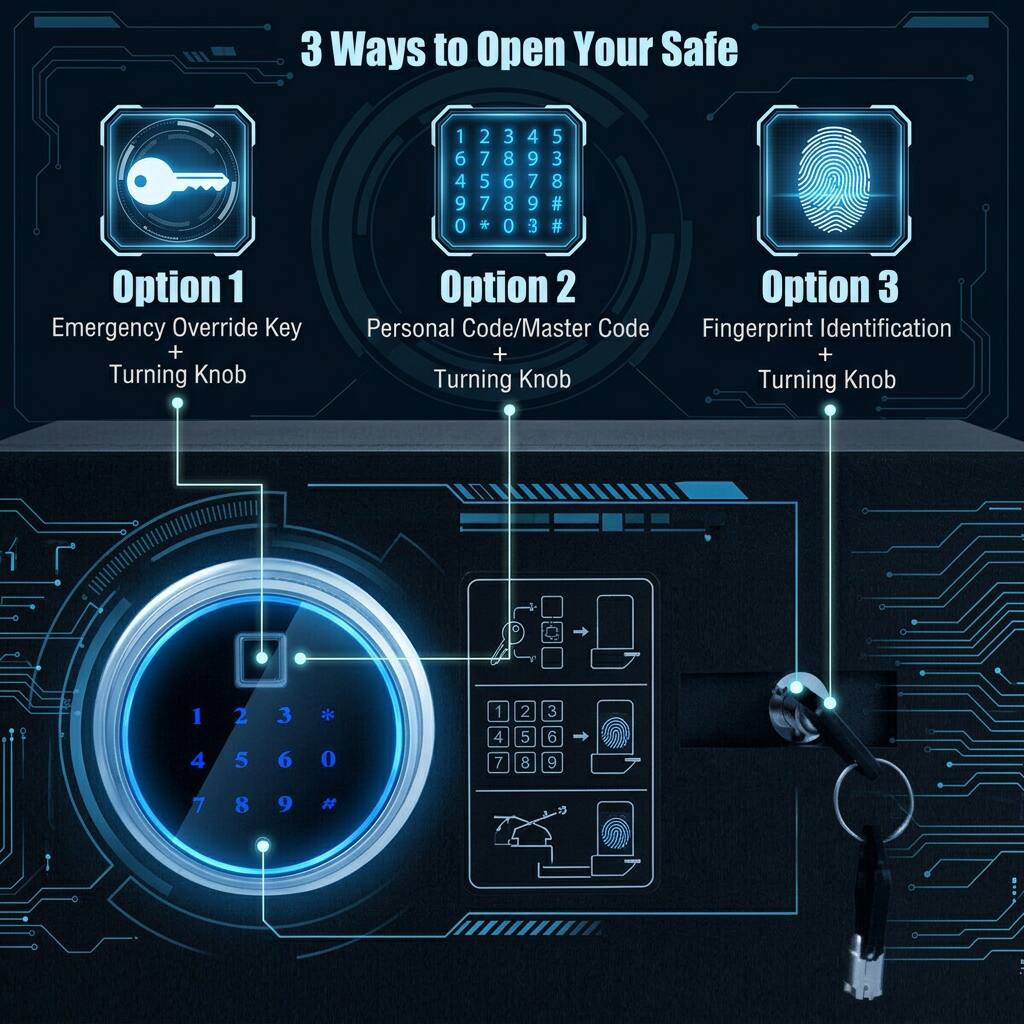 3 Ways to Open Your Safe

1. Emergency Override Key + Turning Knob
2. Personal Code/Master Code + Turning Knob
3. Fingerprint Identification + Turning Knob