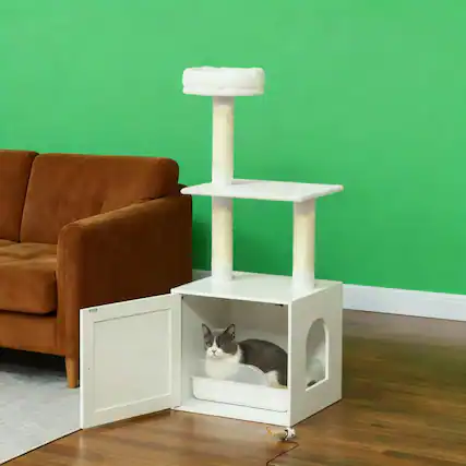 Front. TinyHomie - White Cat Tree with Litter Box Enclosure - White.