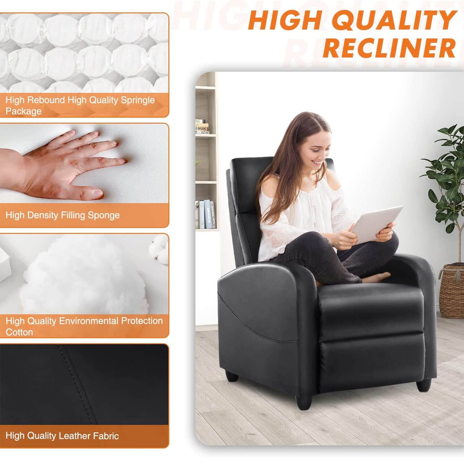 HIGH QUALITY RECLINER

- High Rebound High Quality Springle Package
- High Density Filling Sponge
- High Quality Environmental Protection Cotton
- High Quality Leather Fabric