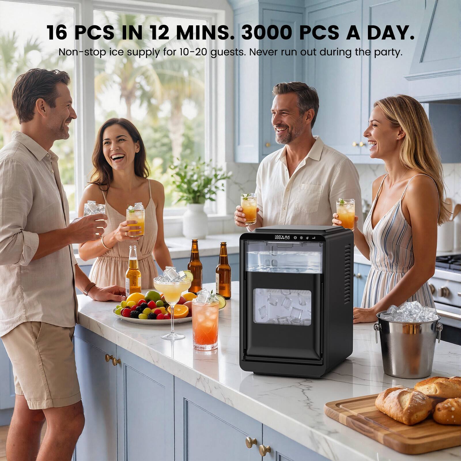 16 PCS IN 12 MINS.  
3000 PCS A DAY.  
Non-stop ice supply for 10-20 guests. Never run out during the party.