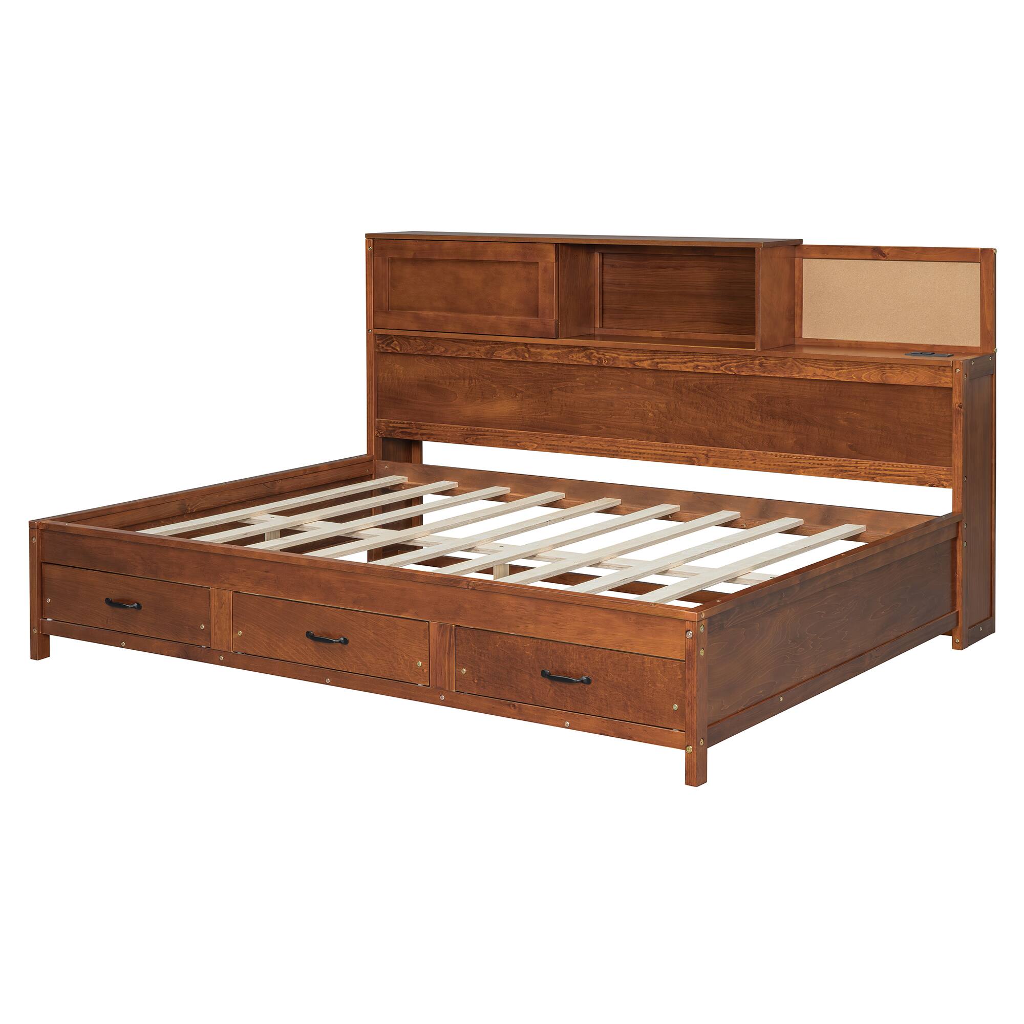 Alt View 8. Tiramisubest - Full Size Wooden Daybed with 3 Storage Drawers, Upper Soft Board, shelf, and a set of Sockets and USB Ports, Walnut - Walnut.