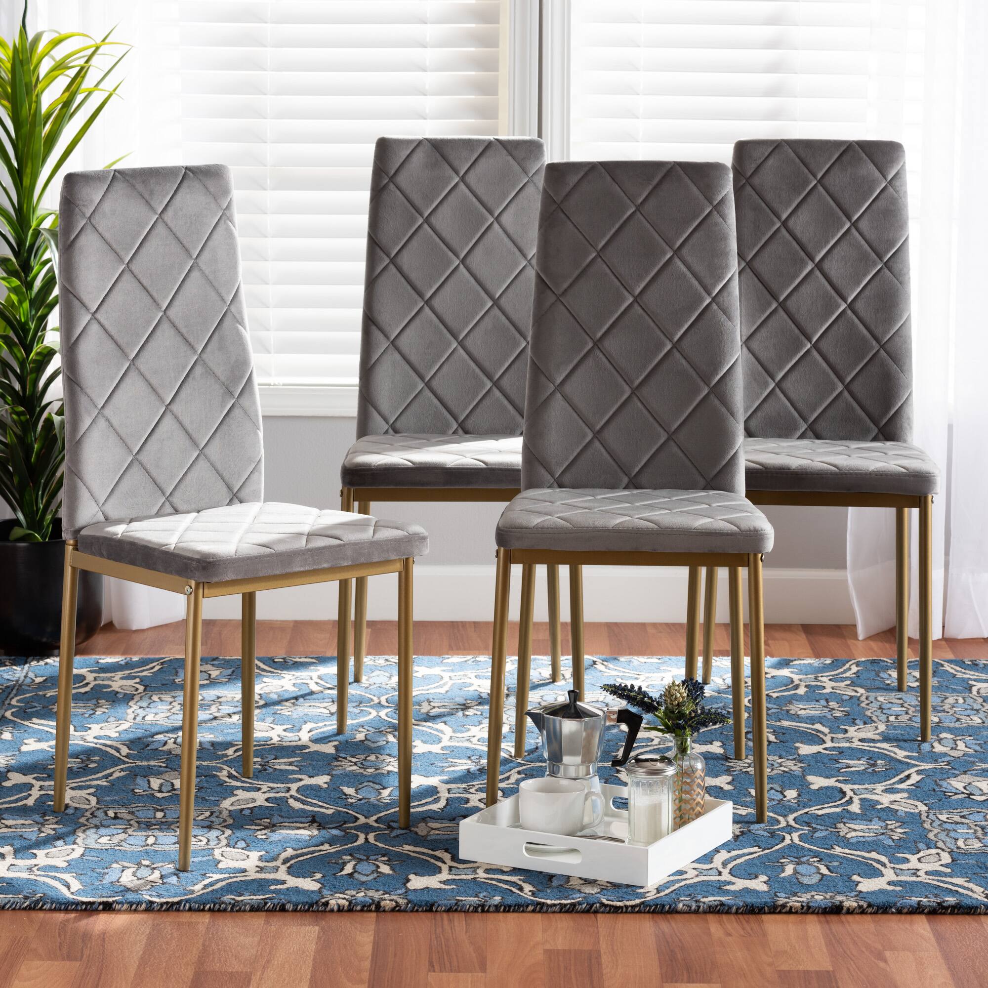 Alt View 2. Baxton Studio - Blaise Modern Glam Velvet Fabric Upholstered and Gold Finished Metal 4-Piece Dining Chair Set - Grey/gold.
