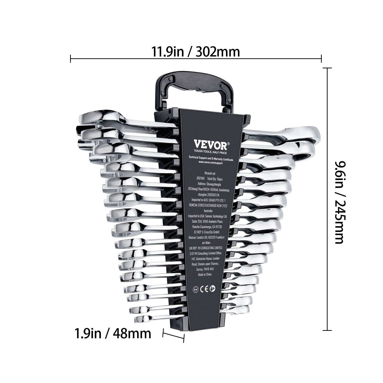 11.9in / 302mm  
9.6in / 245mm  
1.9in / 48mm  

VEVOR  
TOUGH TOOLS, HALF PRICE  
Technical Support and EVA Patent Certificate  
www.vevor.com/ppor  
Total 10 Tools  
Address: Shangrao, Jiangxi, China  
Shangrao 334000  
Imported by:  
Preston Street, Preston, VIC 3072, Australia  
Imported by:  
Preston Street, Preston, VIC 3072, Australia  
EC RF: Crossco GmbH  
ERP: RYH CONSULTING LIMITED  
10 YH Consulting Limited  
Head Office: 10 YH Consulting Limited  
Made in China