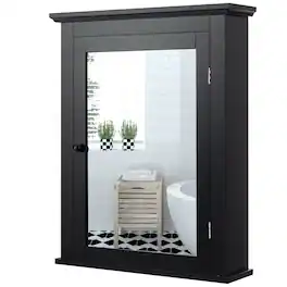 WELLFOR - Wall-Mounted Bathroom Mirror Cabinet with Height-Adjustable Shelf and HD Mirror - Black