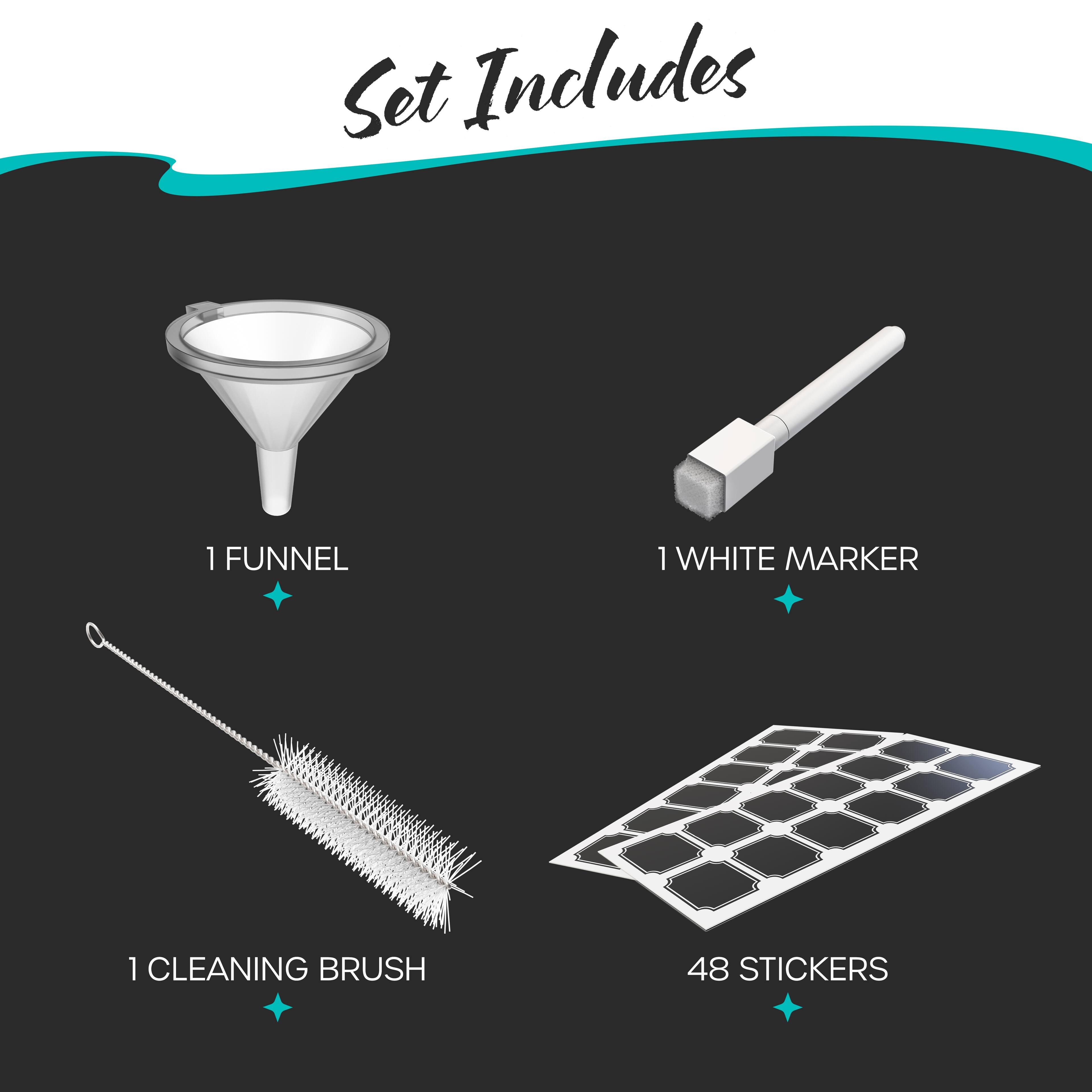 Set Includes

1 FUNNEL

1 WHITE MARKER

1 CLEANING BRUSH

48 STICKERS