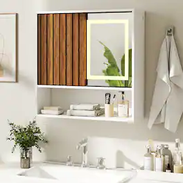 Skyzoo - Bathroom Wall Cabinet with Mirror & Light, Fluted Sliding Door, Medicine Cabinet with Adjustable Shelf - White