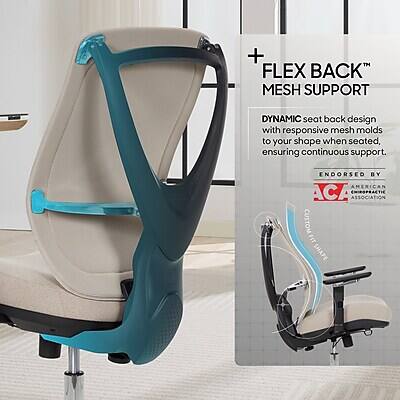 + FLEX BACK MESH SUPPORT  
DYNAMIC seat back design with responsive mesh molds to your shape when seated, ensuring continuous support.  
ENDORSED BY AMERICAN CHIROPRACTIC ASSOCIATION  
CUSTOM FIT SHAPE