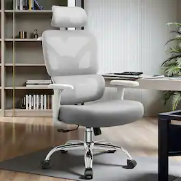 KERDOM - High Back Mesh Office Chair with Adjustable Lumbar Support, 3D Headrest and Armrest, Computer Desk Chair for Work Gaming - Light Gray