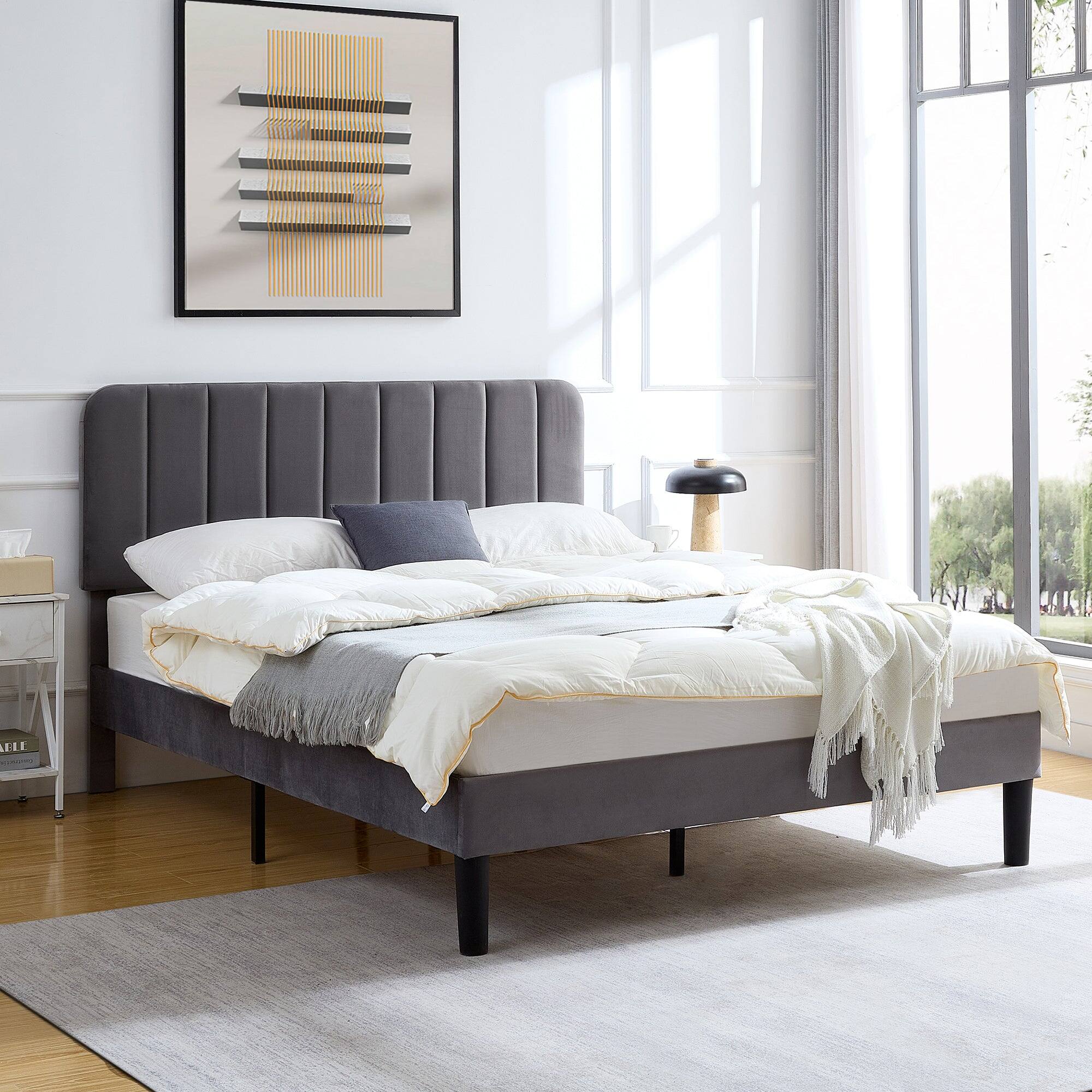 Alt View 2. Vecelo - Queen Bed Frame w/ Padded Headboard & Platform, Reinforced Wood Slats - No Box Spring, Velvet Dark Blue - Easy Assembly - Dark Gray.