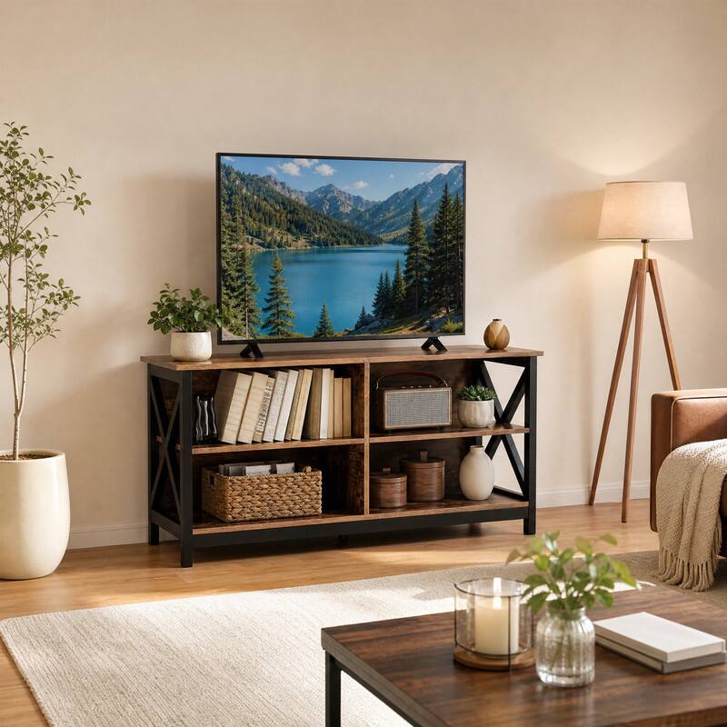 Angle. WELLFOR - Farmhouse TV Stand for TVs up to 55 " with X-Shaped Frame, Entertainment Center Media Console with Storage Shelves - Rustic Brown.