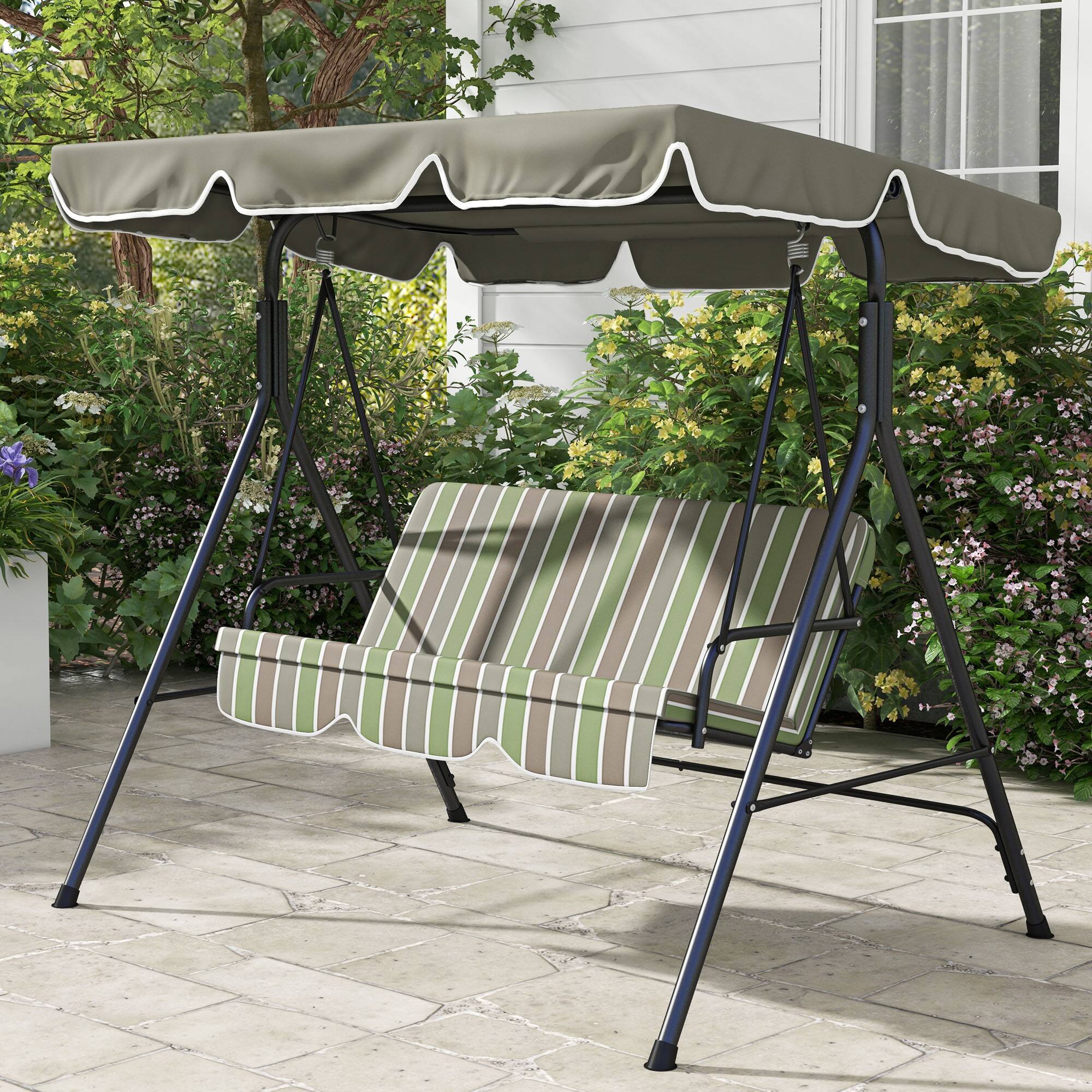 Alt View 1. Outsunny - Outdoor Patio Swing Chair w/ Cushion, Steel Frame Stand, Adjustable Tilt Canopy for Patio, Garden - Beige & Green.