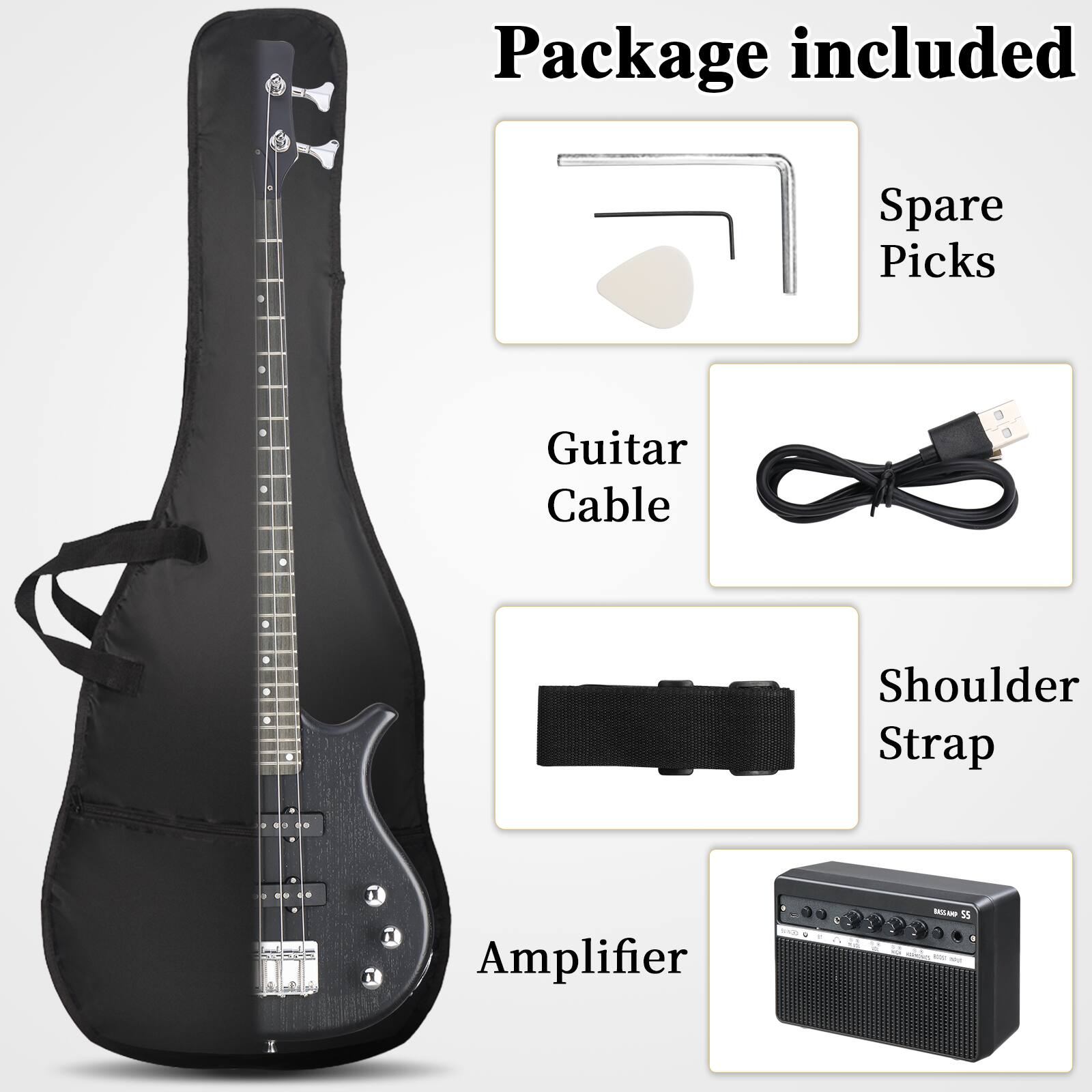 Package included

- Spare Picks
- Guitar Cable
- Shoulder Strap
- Amplifier