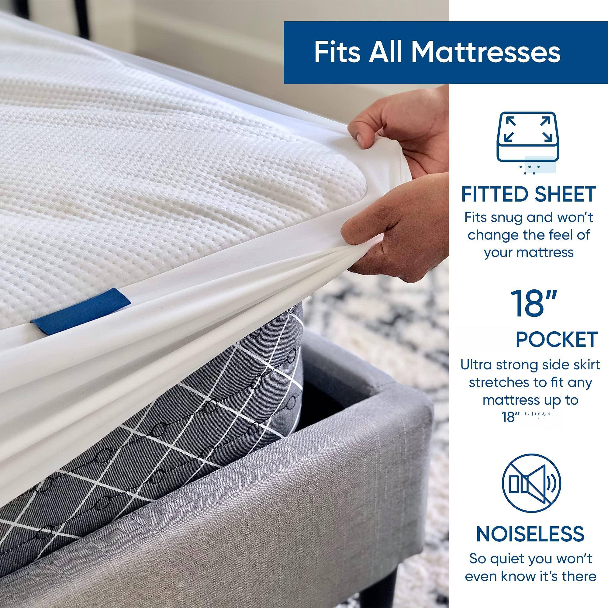 Fits All Mattresses

Fitted Sheet
- Fits snug and won't change the feel of your mattress

18" Pocket
- Ultra strong side skirt stretches to fit any mattress up to 18"

Noiseless
- So quiet you won't even know it's there