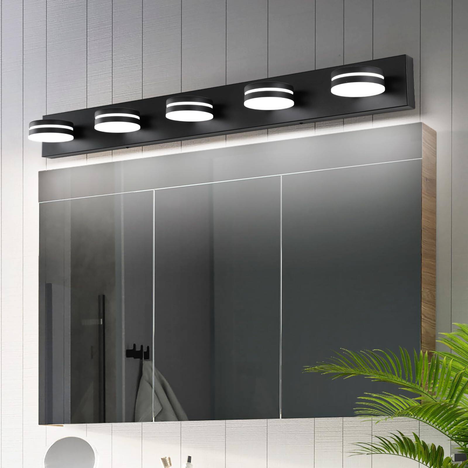 Front. Comfort Essence - Bathroom Vanity Light Over Mirror Matte Led Lighting Fixtures Modern Wall With rotating Lamp Head - Matte Black-Dimmable 5-Light,40Inch.
