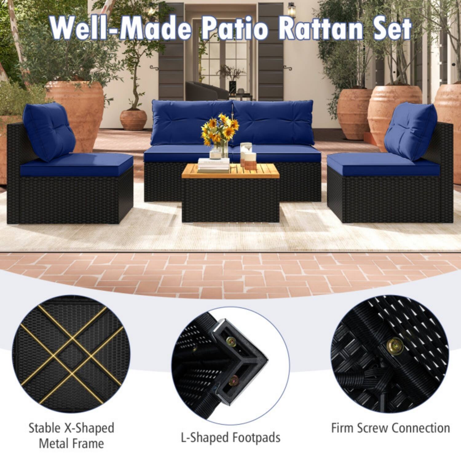 Well-Made Patio Rattan Set

- Stable X-Shaped Metal Frame
- L-Shaped Footpads
- Firm Screw Connection
