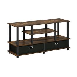 FurniFact - Large TV Stand, up to 55-Inch TV, Storage Bin, Brown Finish, Rubberwood - White