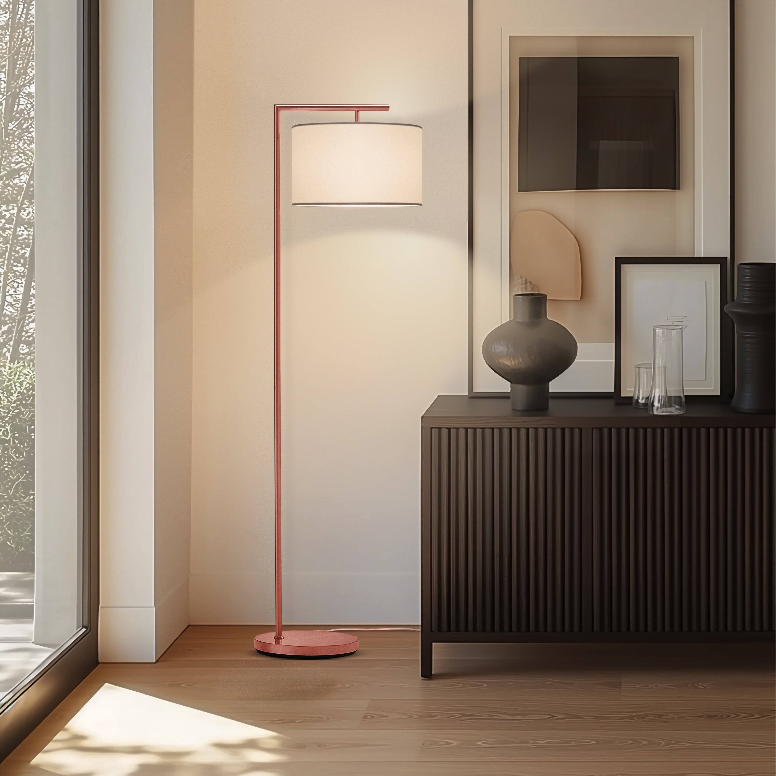 Alt View 7. Brightech - Montage Modern LED Midcentury Modern Arc Super Bright Floor Lamp with Ivory White Fabric Drum Shade - Glossy Rose Gold.