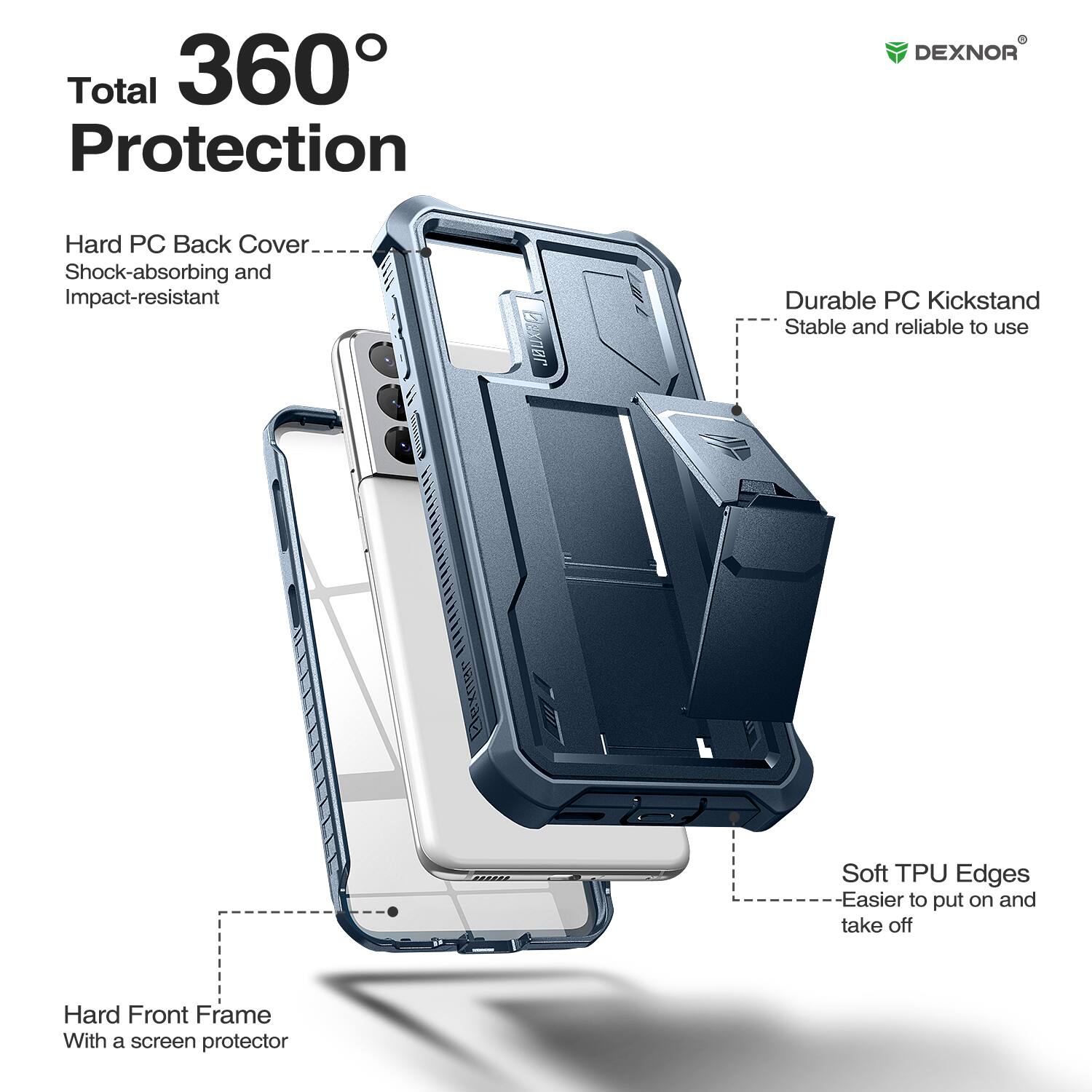 Total 360° Protection

- Hard PC Back Cover
  - Shock-absorbing and Impact-resistant

- Durable PC Kickstand
  - Stable and reliable to use

- Soft TPU Edges
  - Easier to put on and take off

- Hard Front Frame
  - With a screen protector