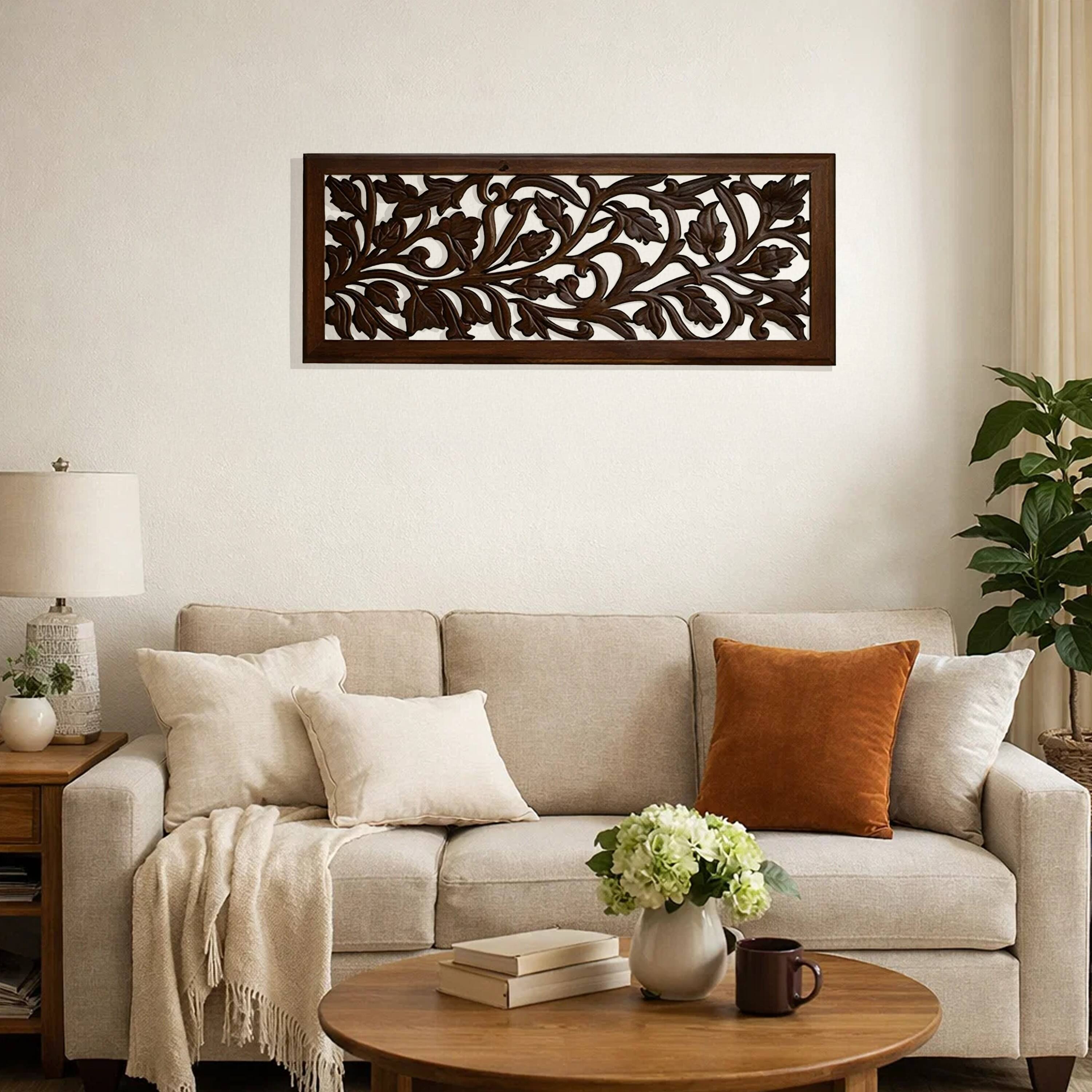 Alt View 5. Manhattan Lane - Mango Wood Wall Panel Hand Crafted with Leaves and Scroll Work Motif - Brown.