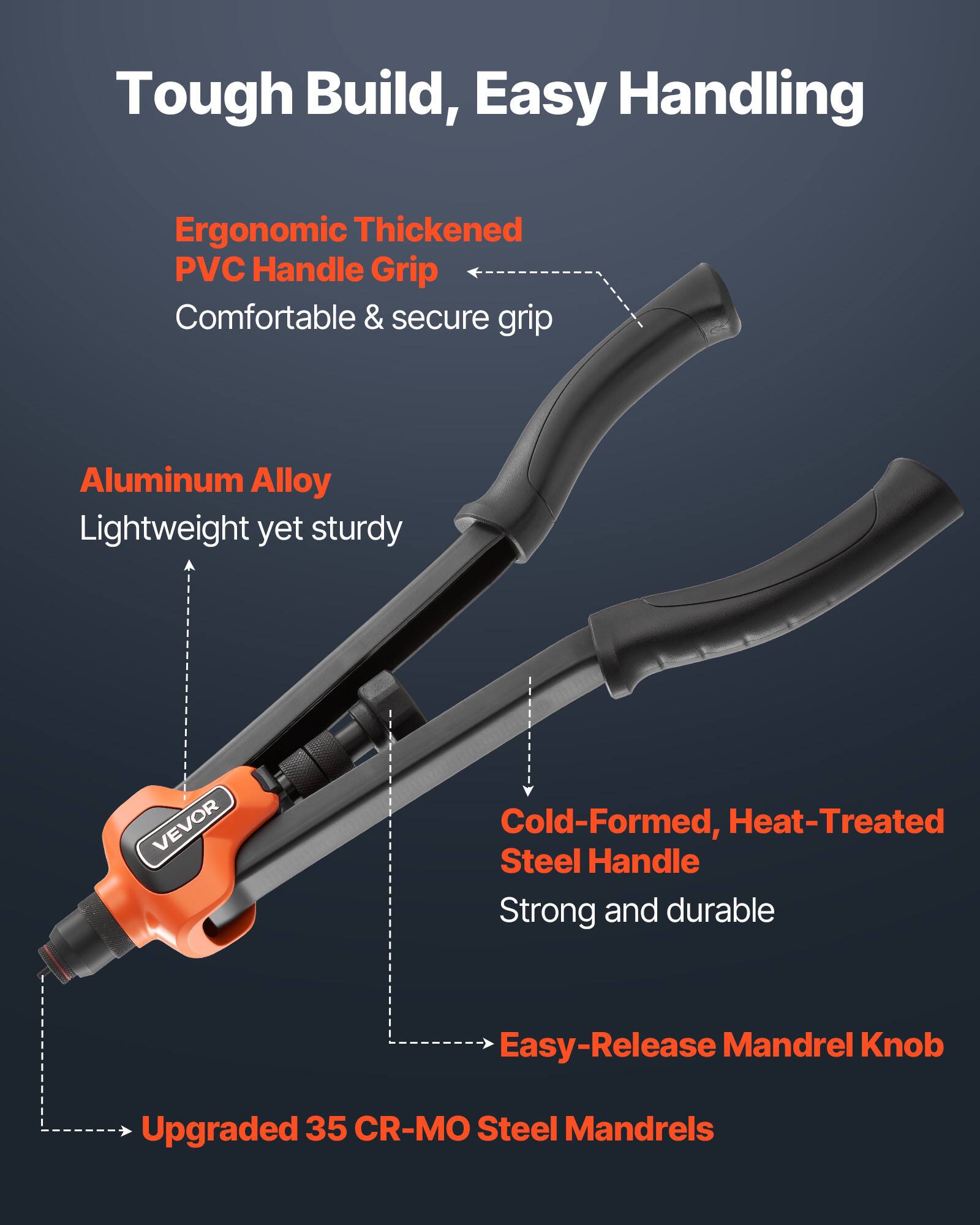 Tough Build, Easy Handling

- Ergonomic Thickened PVC Handle Grip
  - Comfortable & secure grip

- Aluminum Alloy
  - Lightweight yet sturdy

- Cold-Formed, Heat-Treated Steel Handle
  - Strong and durable

- Easy-Release Mandrel Knob

- Upgraded 35 CR-MO Steel Mandrels