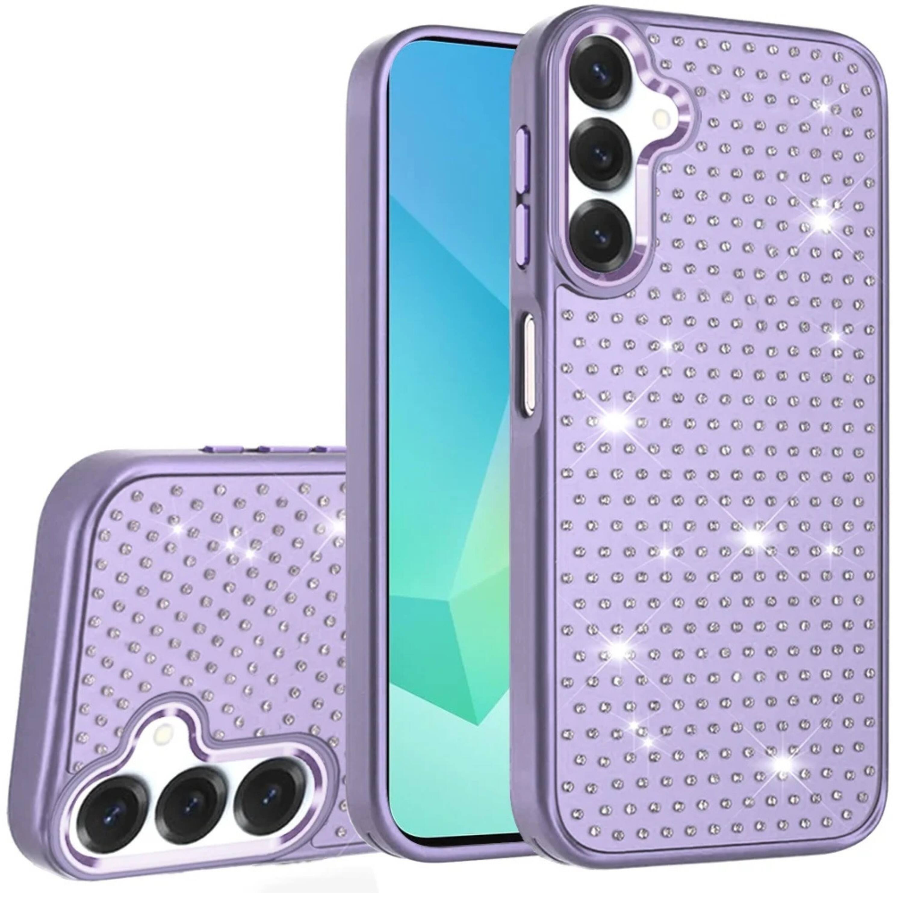 Front. Kitcheniva - Chrome Plated Rhinestone Bling Protective Phone Case With Tempered Glass For Samsung A16 5G Purple - Purple.