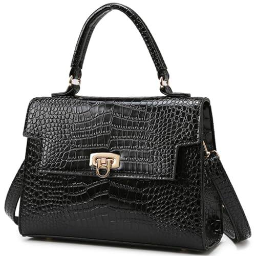 Front. DORLUKFU - Shoulder Bag Pu Leather Handbags Crocodile Pattern Top Handle Purse Trendy Crossbody Bag for Women Flap Satchel Bags - Black.
