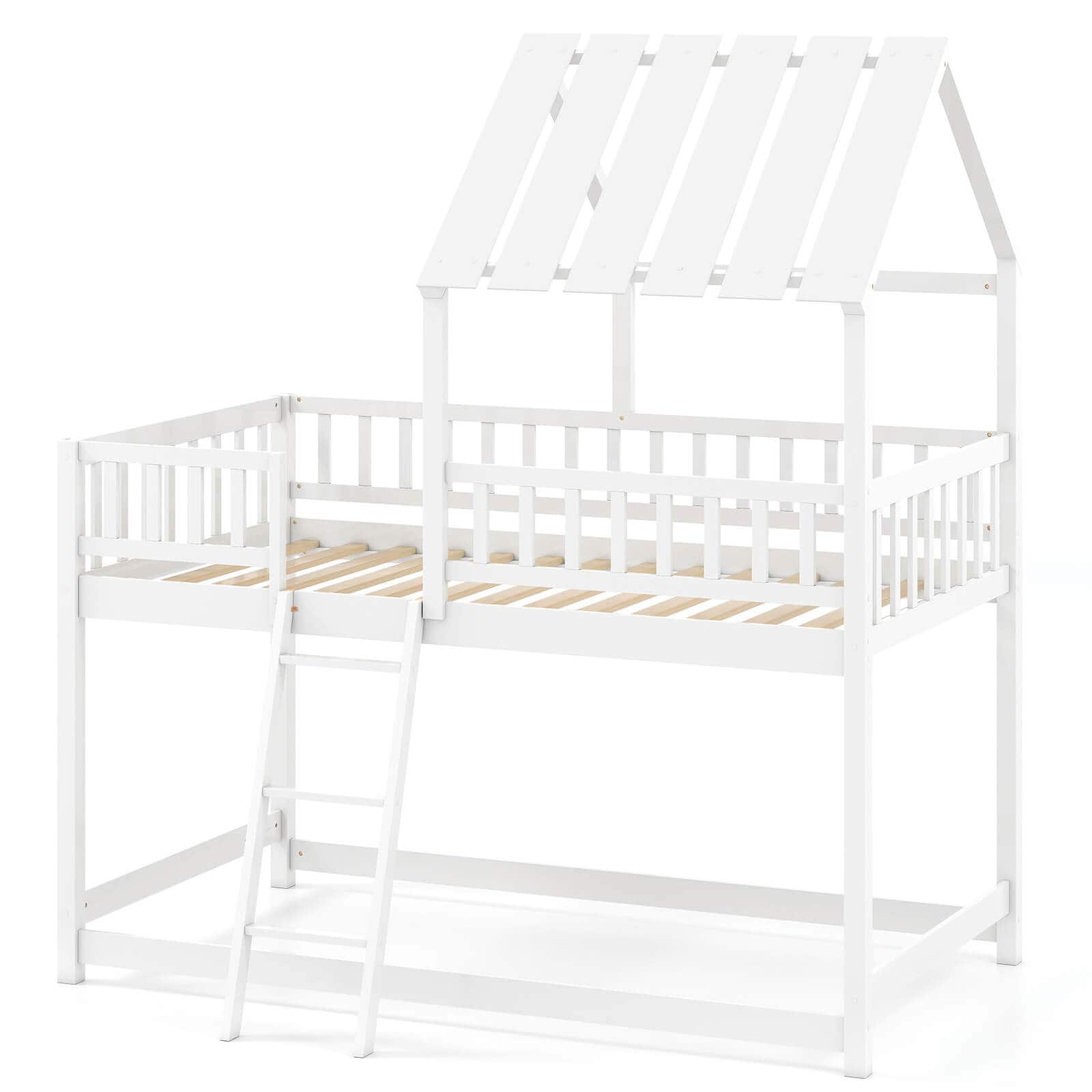 Front. Costway - Costway Twin Over Twin House Bunk Bed with Roof, Ladder & Full-length Guardrails for Kids - White.