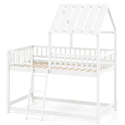 Front. Costway - Costway Twin Over Twin House Bunk Bed with Roof, Ladder & Full-length Guardrails for Kids - White.