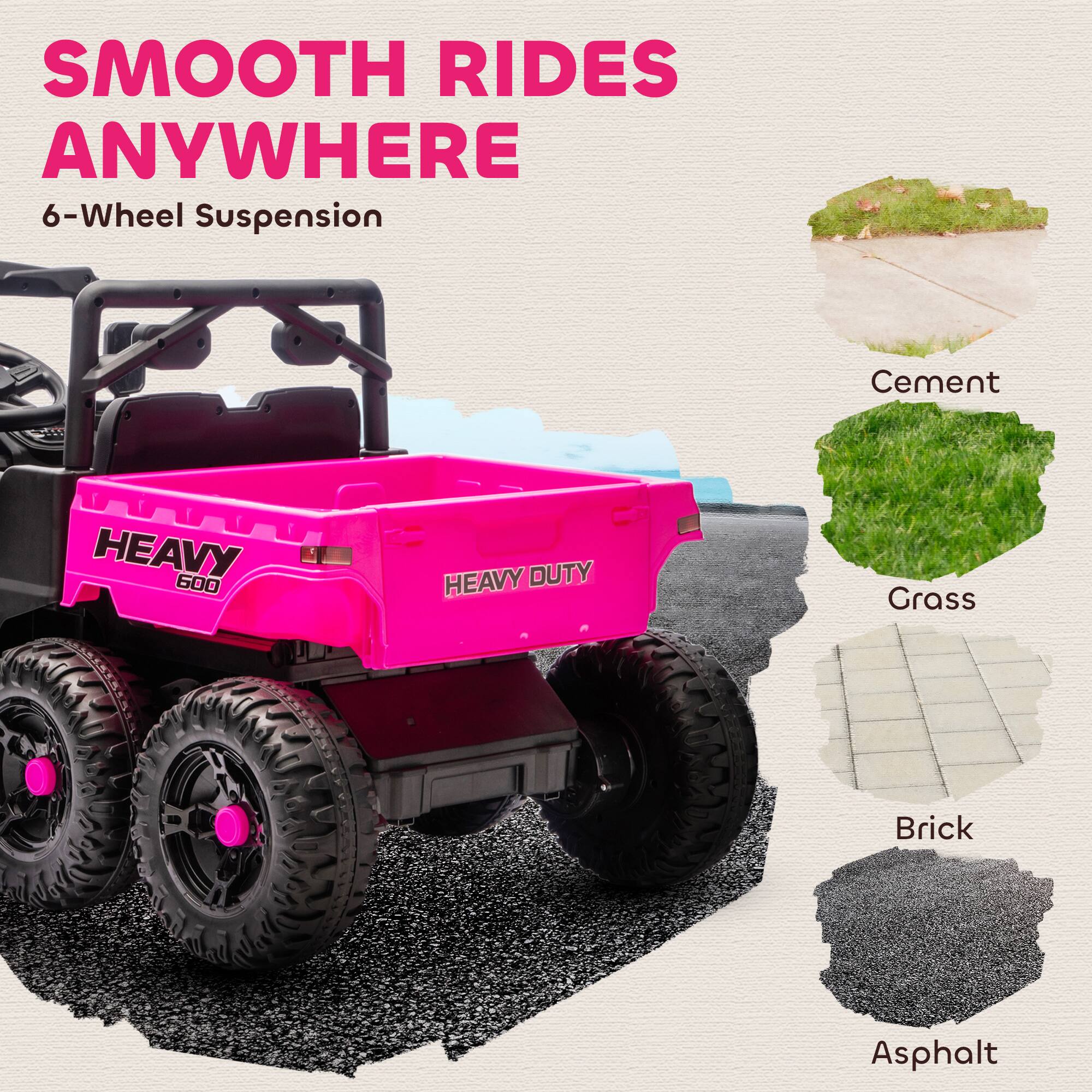 SMOOTH RIDES ANYWHERE  
6-Wheel Suspension  

HEAVY 600  
HEAVY DUTY  

Cement  
Grass  
Brick  
Asphalt