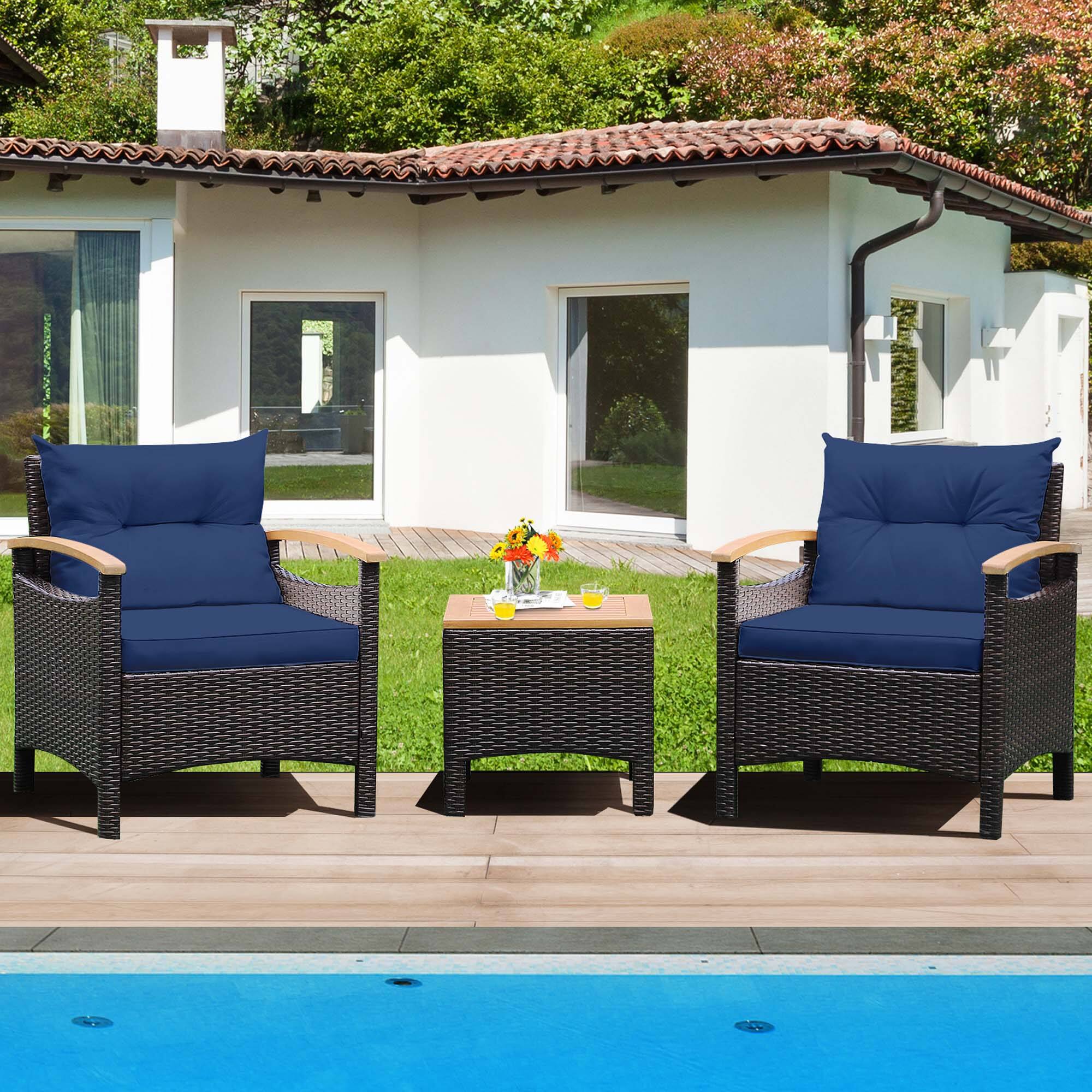 Alt View 4. Costway - Costway 3PCS Patio Rattan Furniture Set Wooden Armrest Table Top Cushioned Deck - Mix Brown,Navy.