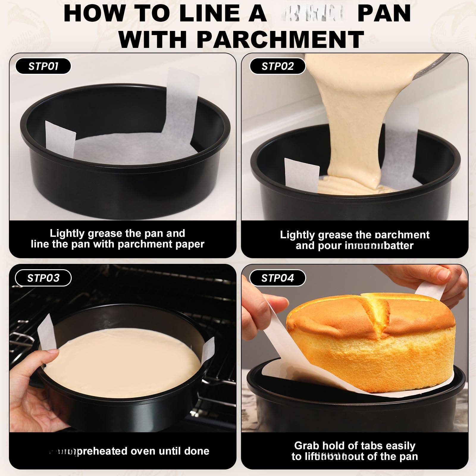 Sure, here is the corrected and grouped text from the image:

---

**HOW TO LINE A ROUND PAN WITH PARCHMENT**

**STP01**  
Lightly grease the pan and line the pan with parchment paper

**STP02**  
Lightly grease the parchment and pour in batter

**STP03**  
Place in preheated oven until done

**STP04**  
Grab hold of tabs easily to lift out of the pan

---