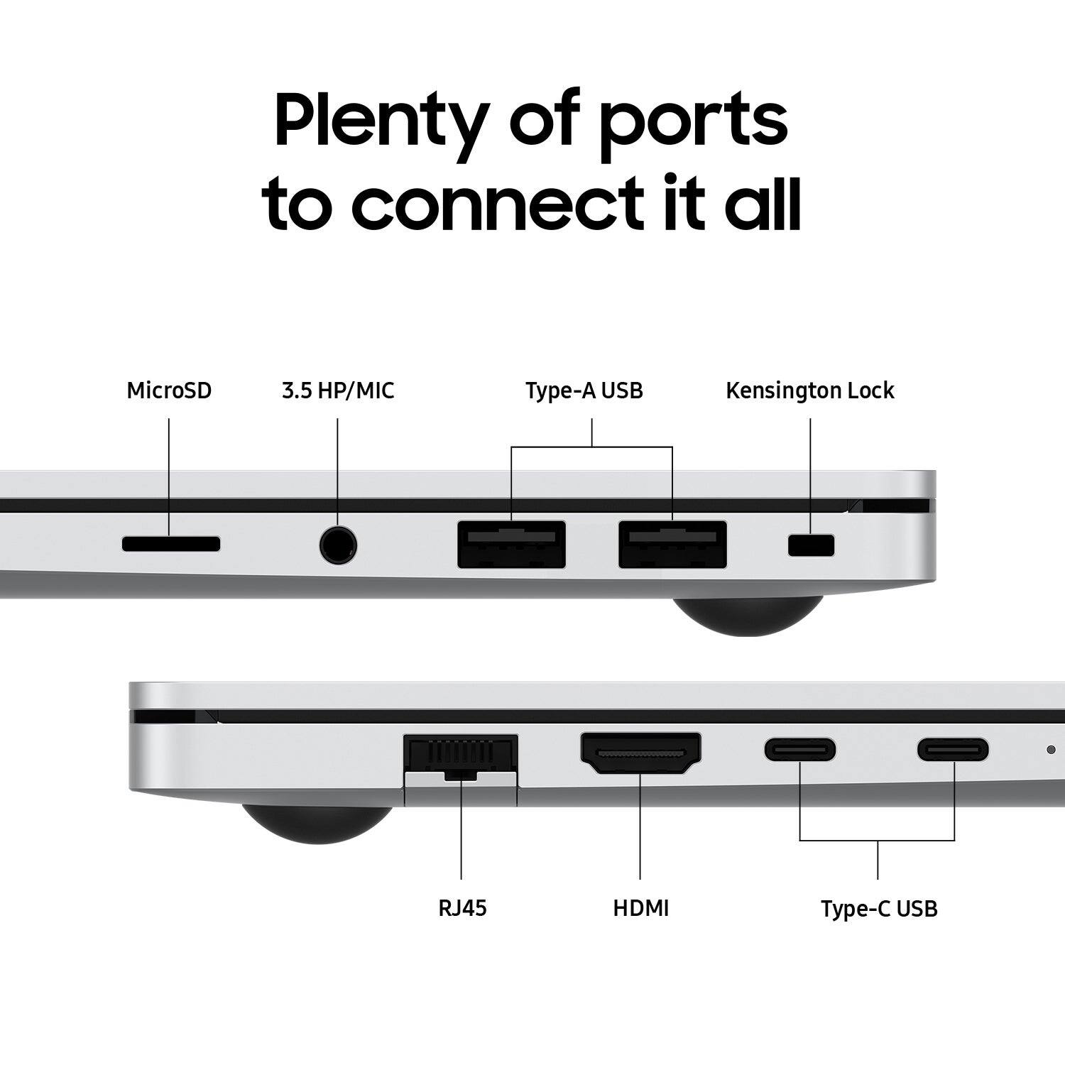 Plenty of ports to connect it all: MicroSD 3.5 HP/MIC Type-A USB Kensington Lock RJ45 HDMI Type-C USB