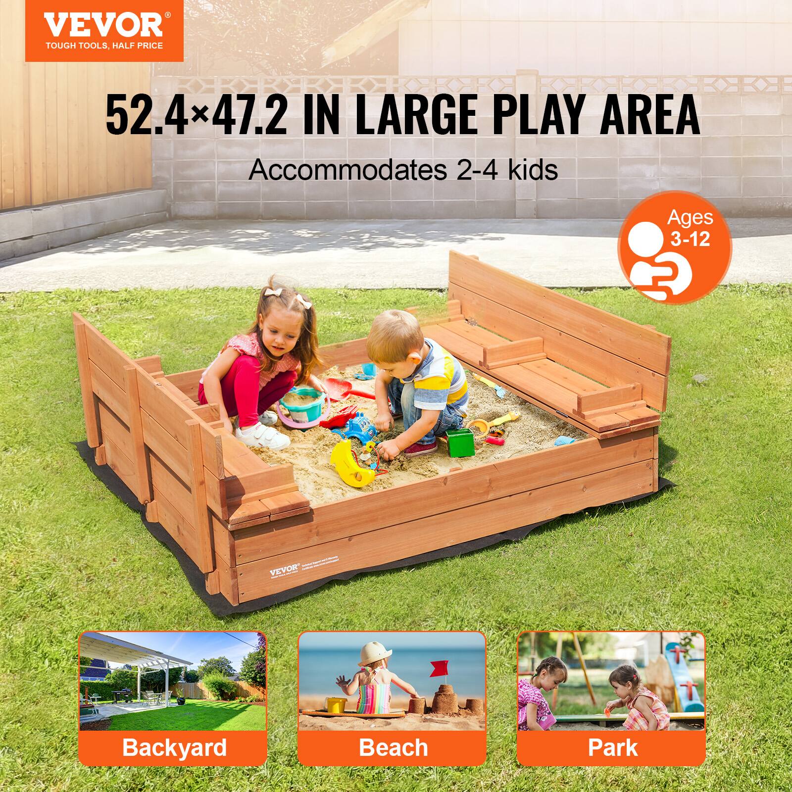 VEVOR  
TOUGH TOOLS, HALF PRICE  

52.4" x 47.2" IN LARGE PLAY AREA  
Accommodates 2-4 kids  

Ages 3-12  

Backyard  
Beach  
Park