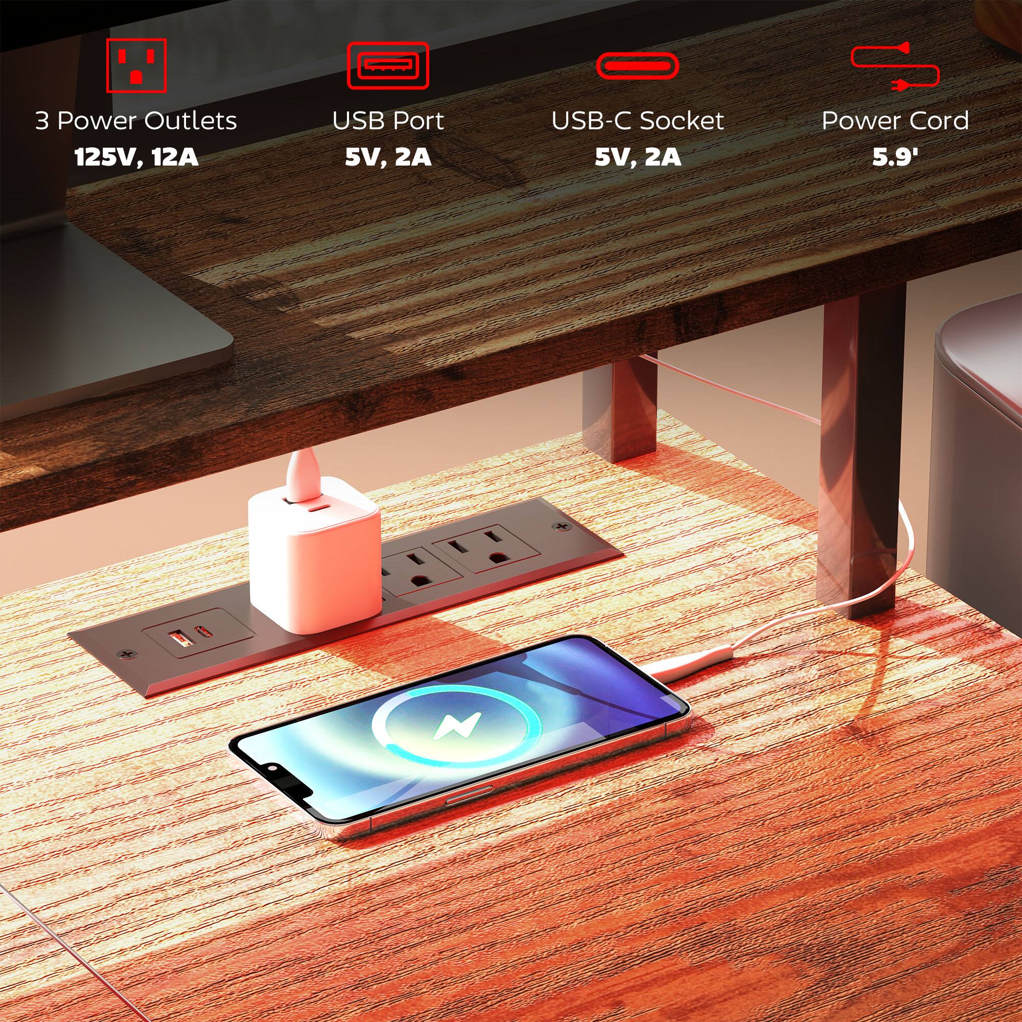 3 Power Outlets 125V, 12A
USB Port 5V, 2A
USB-C Socket 5V, 2A
Power Cord 5.9'