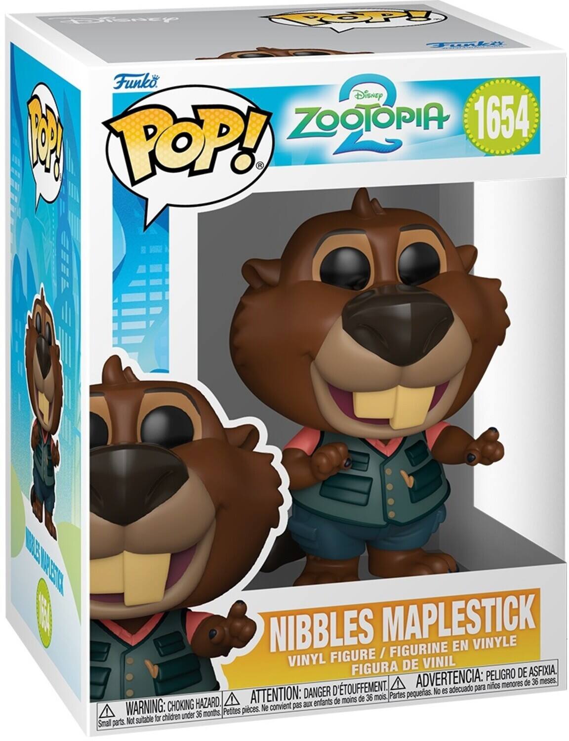 Sure, here is the corrected and grouped text from the image:

---

**Funko POP!**

**Disney Zootopia**

**1654**

**NIBBLES MAPLESTICK**

**VINYL FIGURE / FIGURINE EN VINYLE / FIGURA DE VINIL**

**WARNING: CHOKING HAZARD. Small parts. Not suitable for children under 36 months.**

**ATTENTION: DANGER D'ÉTOUFFEMENT. Petites pièces. Ne convient pas aux enfants de moins de 36 mois.**

**ADVERTENCIA: PELIGRO DE ASFIXIA. Partes pequeñas. No es adecuado para niños menores de 36 meses.**

---

This text includes the brand, product name, warning labels, and multilingual safety information.