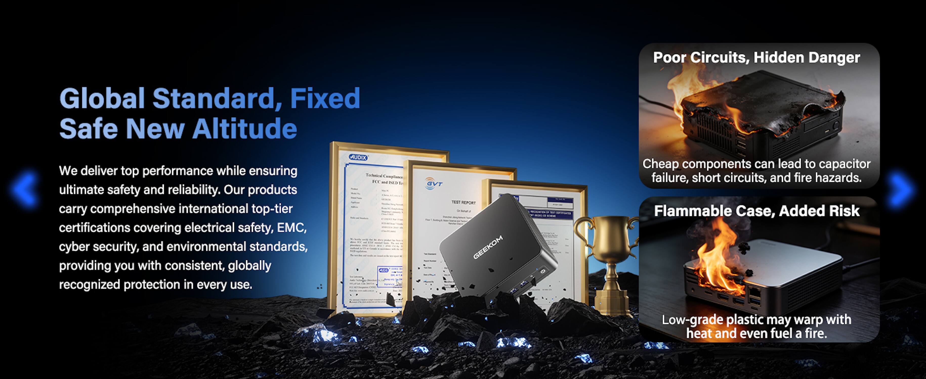 Global Standard, Fixed Safe New Altitude

We deliver top performance while ensuring ultimate safety and reliability. Our products carry comprehensive international top-tier certifications covering electrical safety, EMC, cyber security, and environmental standards, providing you with consistent, globally recognized protection in every use.

AUDIX Technical Compliance FCC and DLD La ACC

GVT

TEST REPORT GEEKOM

Poor Circuits, Hidden Danger

Cheap components can lead to capacitor failure, short circuits, and fire hazards.

Flammable Case, Added Risk

Low-grade plastic may warp with heat and even fuel a fire.
