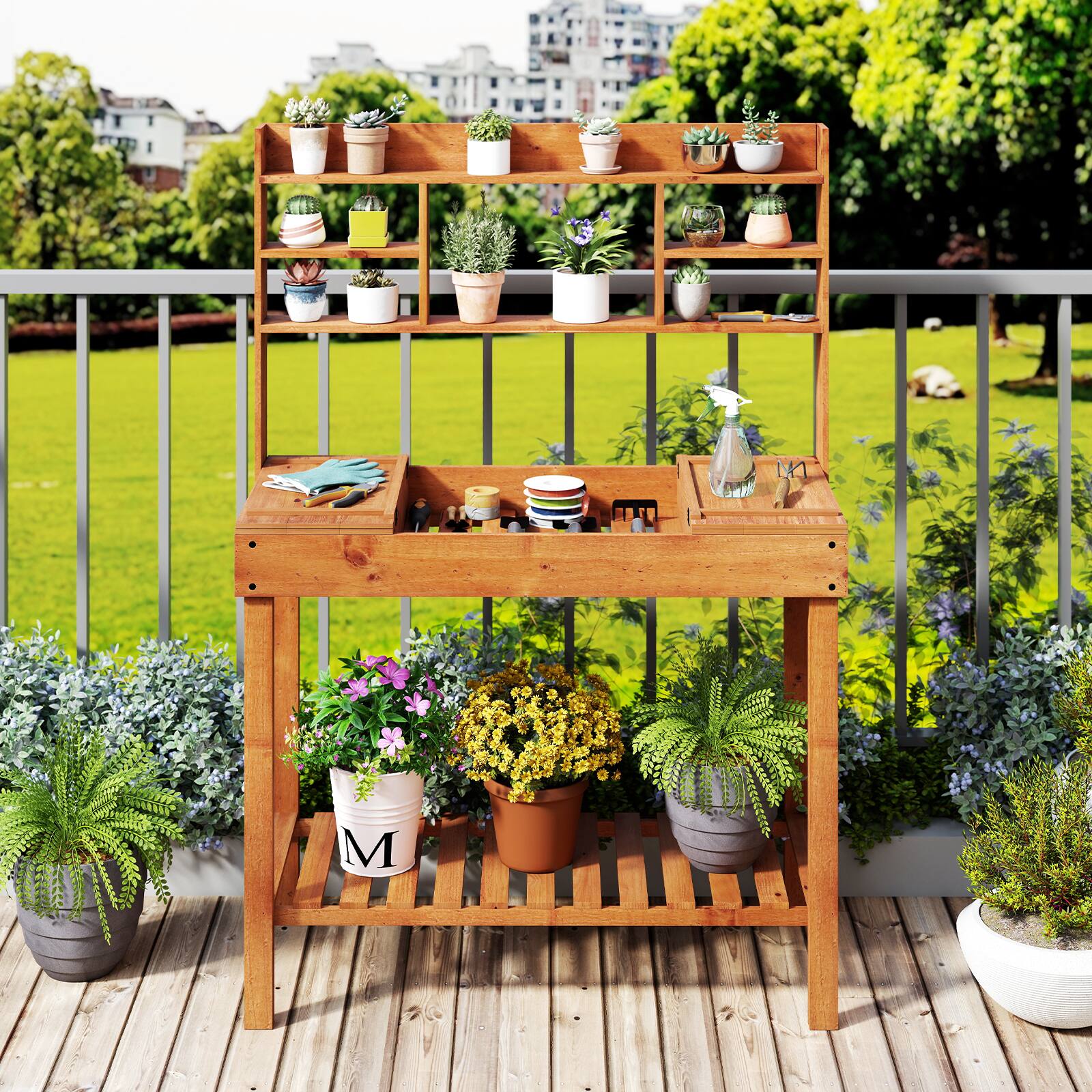 Gymax 61'' Wooden Potting Bench Table w/3 Tier Open Shelf Flip up