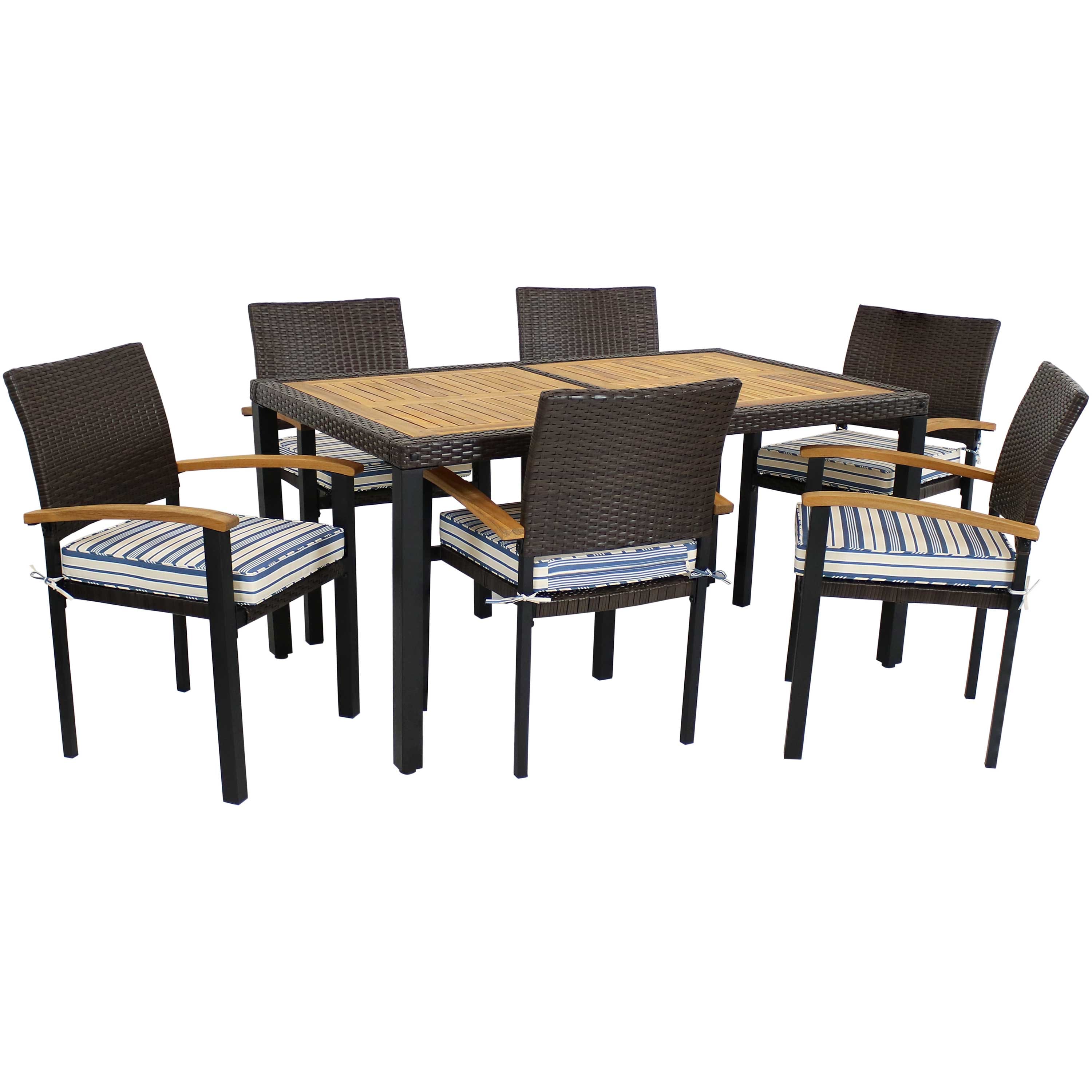 Sunnydaze - Carlow Resin Wicker 7-Piece Patio Dining Set - Blue Stripe