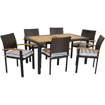 Front. Sunnydaze - Carlow Resin Wicker 7-Piece Patio Dining Set - Blue Stripe.