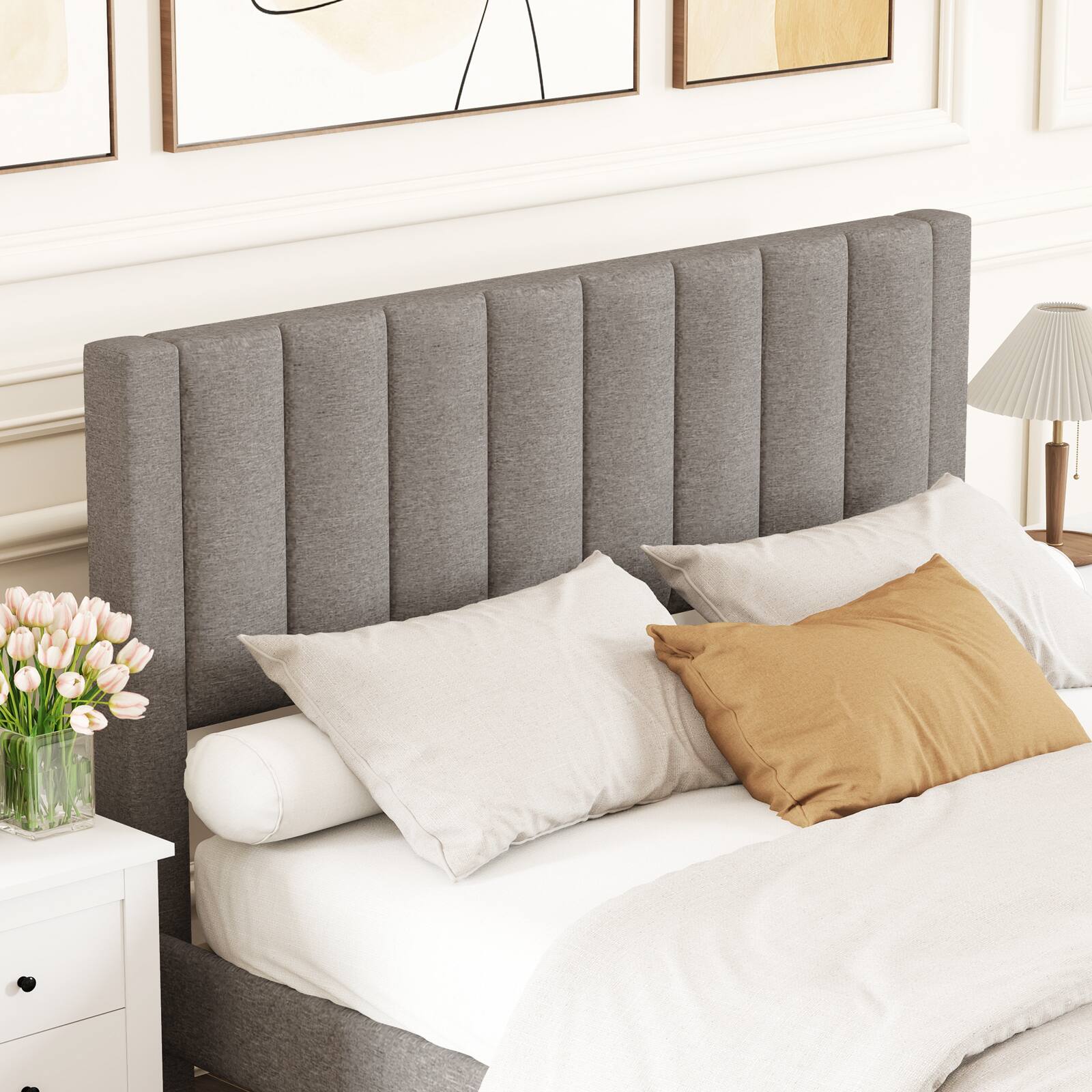 Alt View 3. Gymax - Gymax Queen Size Bed Frame w/Storage Drawer & Vertical Channel Headboard Light Gray - Gray.