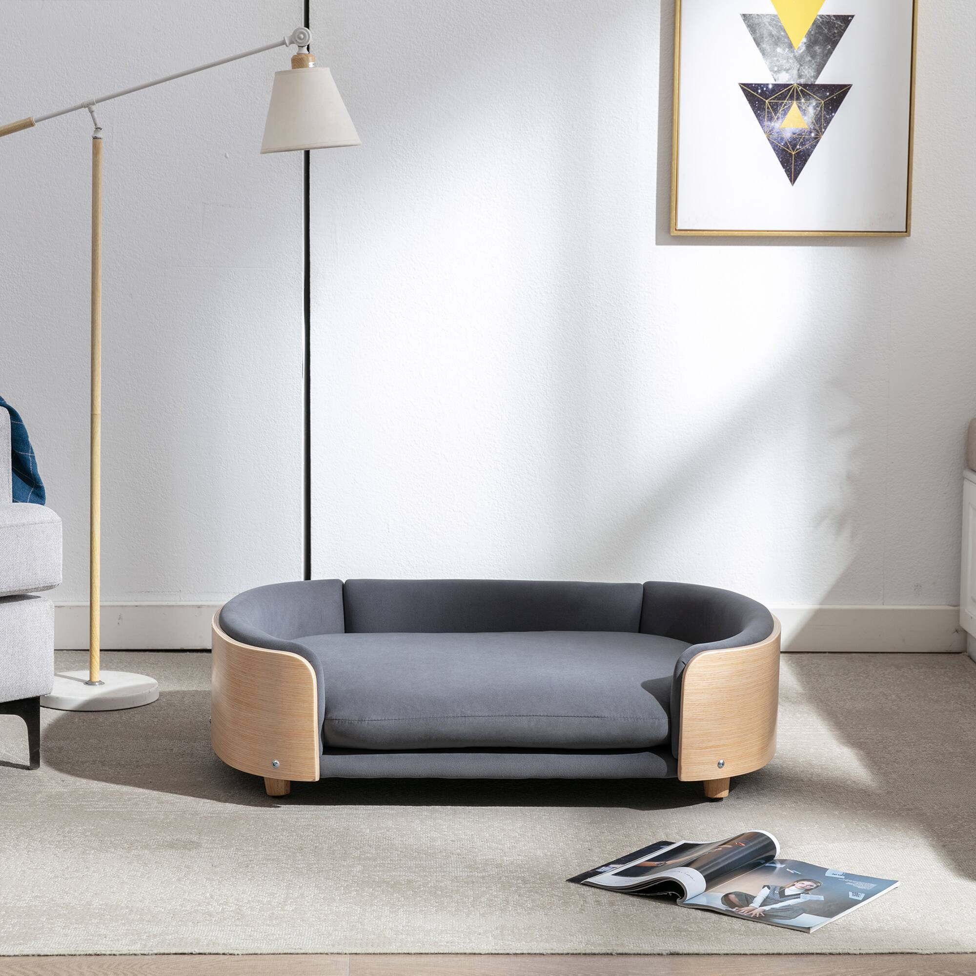 Alt View 1. APRILSOUL - Scandinavian style Elevated Dog Bed Pet Sofa With Solid Wood legs and Bent Wood Back Velvet Cushion Large Size - DARK GREY.