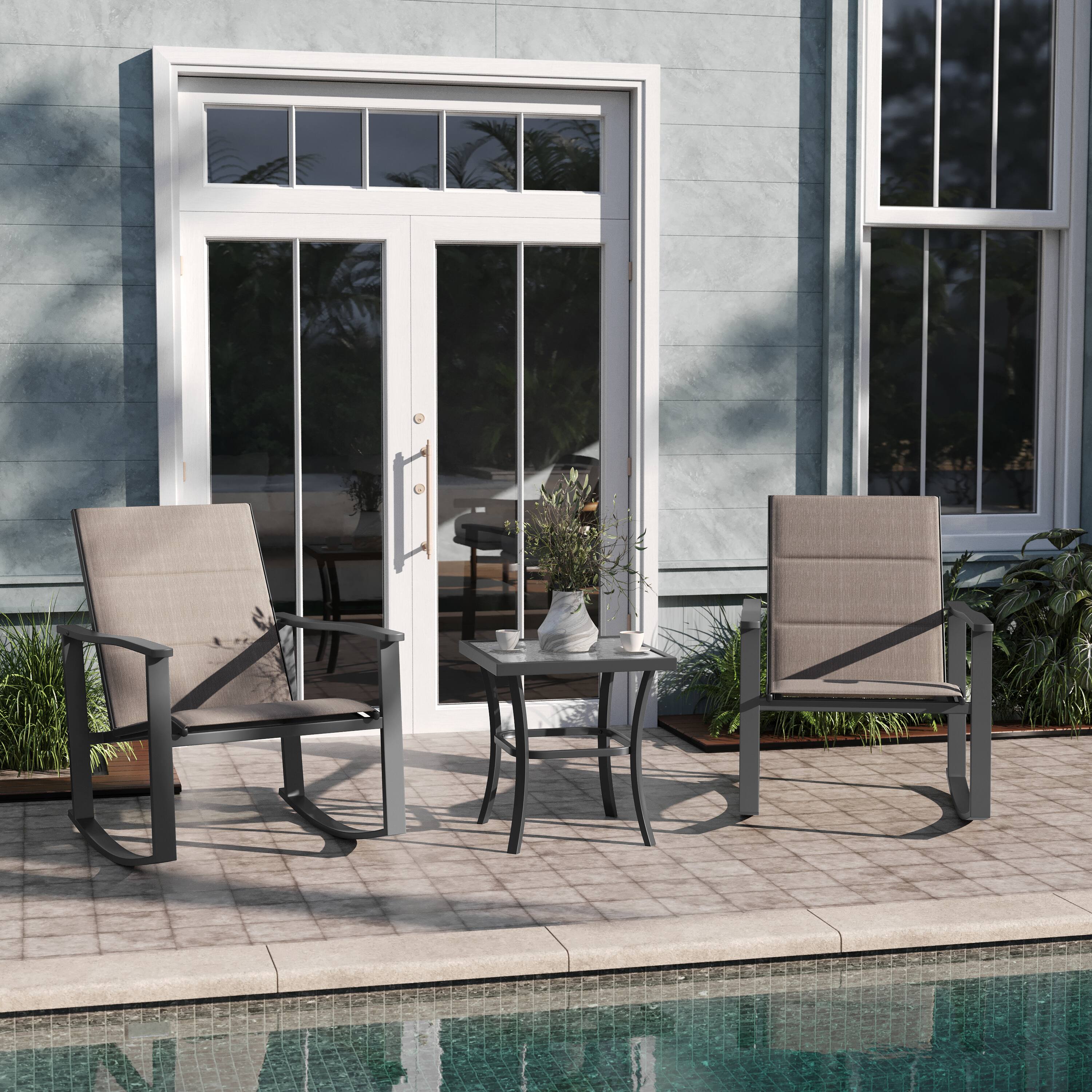 Alt View 1. Emma + Oliver - Braelin 3 Piece Outdoor Rocking Chair Patio Set with Flex Comfort Material and Metal Framed Glass Top Table - Brown.