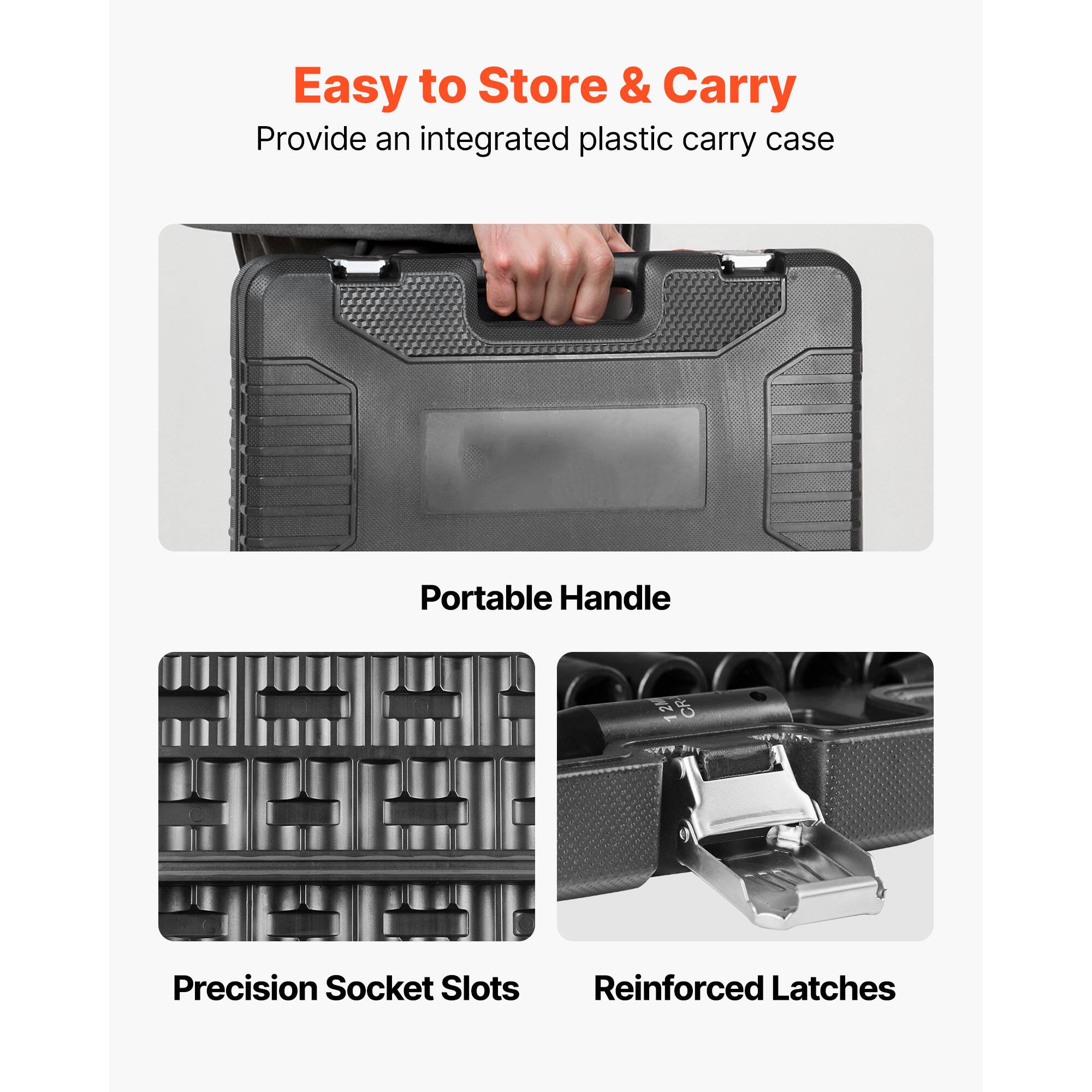 Easy to Store & Carry  
Provide an integrated plastic carry case  

Portable Handle  

Precision Socket Slots  

Reinforced Latches