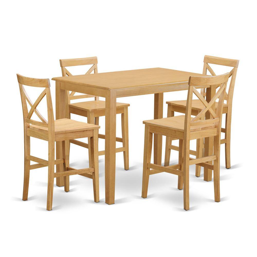 Front. East West Furniture - 5 Pc counter height Table and chair set - high Table and 4 counter height stool. - Oak.