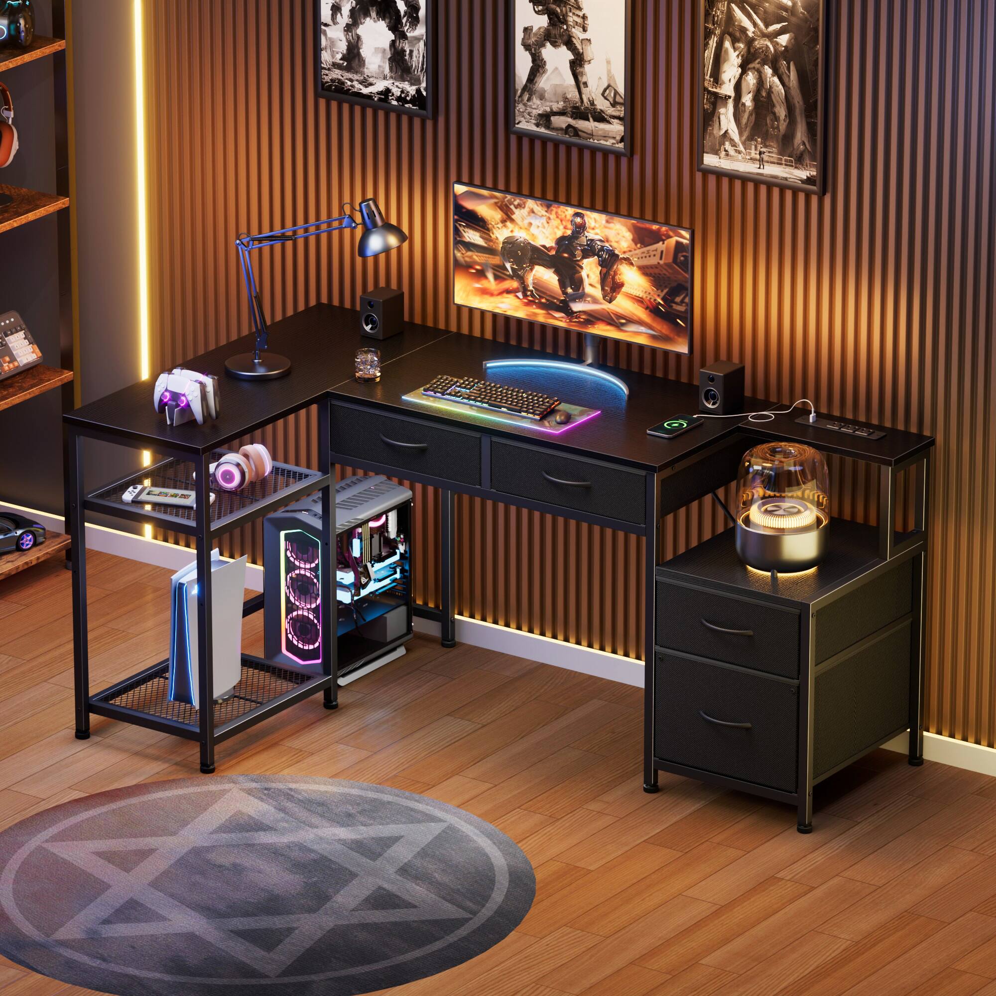 Alt View 7. Furnulem - Computer Desk With Drawers Power Outlet Gaming Desk With Storage Shelves for Home Office Desk - Black.