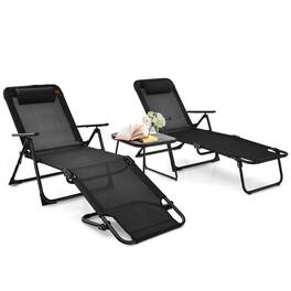 Pefilos - 3 Pieces Backyard Patio Folding Chaise Lounge Set, Deluxe Outdoor Backyard Patio with PVC Tabletop - Black