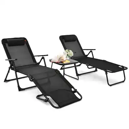 Front. Pefilos - 3 Pieces Backyard Patio Folding Chaise Lounge Set, Deluxe Outdoor Backyard Patio with PVC Tabletop-Black - Black.